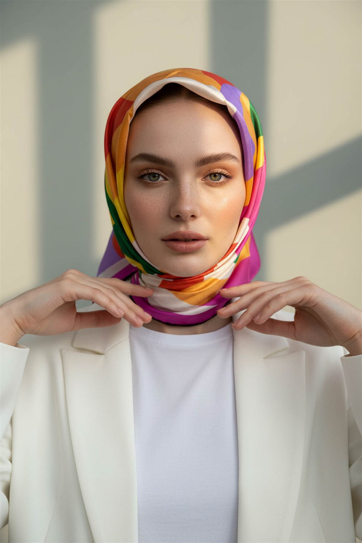 %100 Twill İpek Geometrik Desenli Fuşya Renkli 90x90 Eşarp Dikim Şekli : El Dikişi