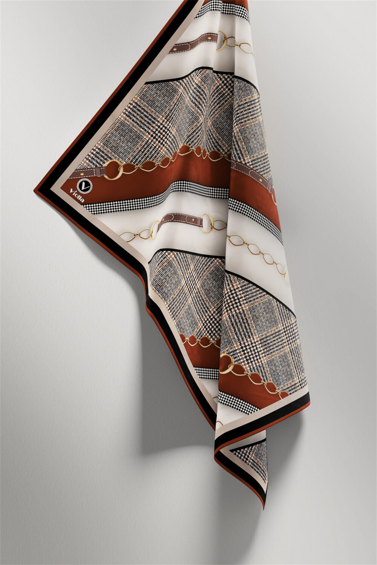 Twill Kemer Desenli Taba Renkli 90x90 Eşarp (İpek İçermez) Kenar Dikiş Şekli El Dikişli