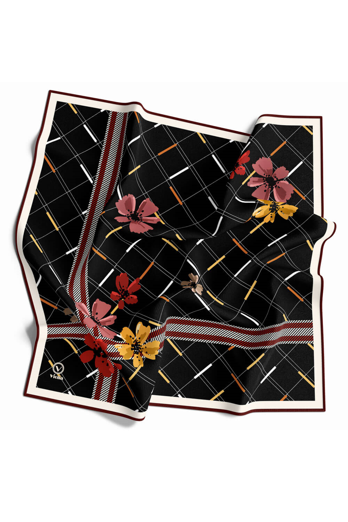 Twill Papatya Desenli Bordo Renkli 90x90 Eşarp (İpek İçermez) Kenar Dikiş Şekli El Dikişli