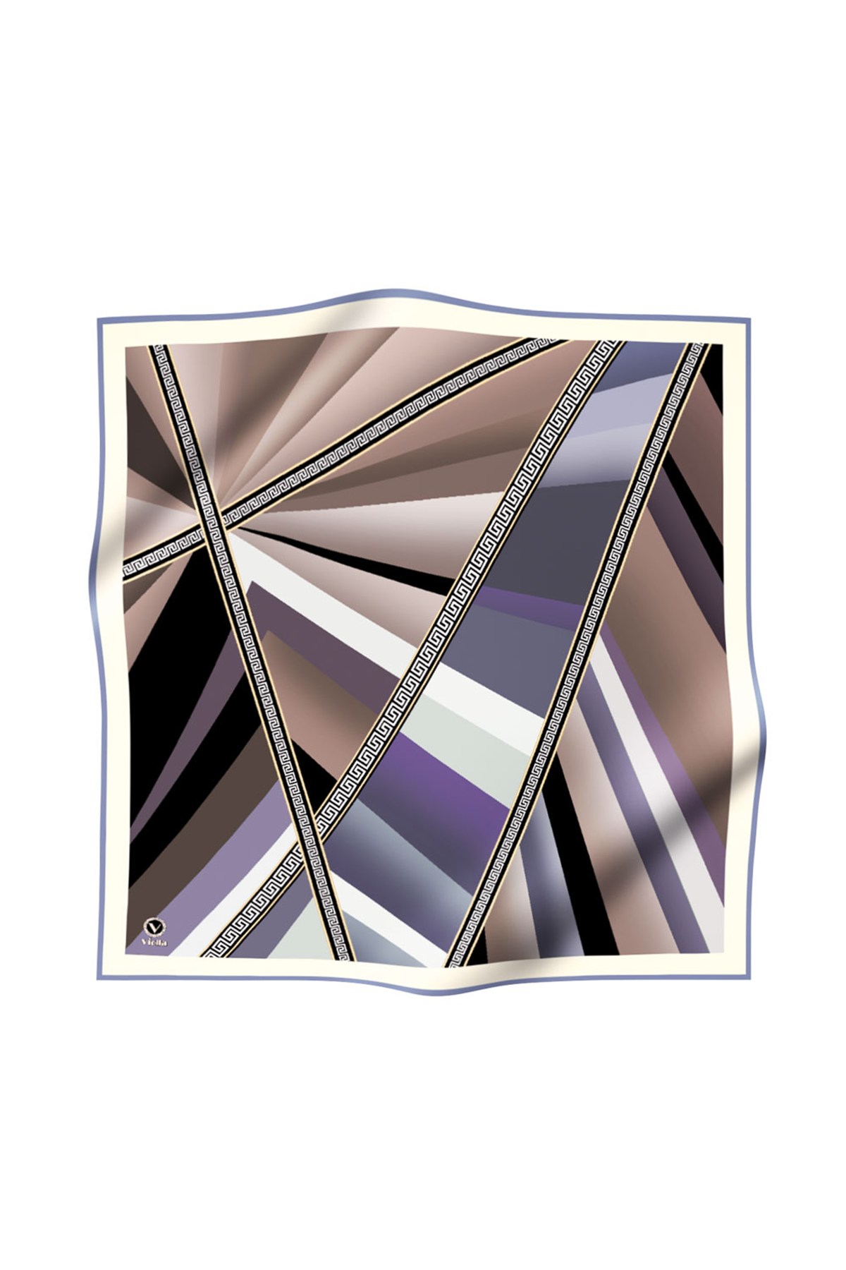 Kristal Geometrik Desenli Bej - İndigo Renkli 90x90 Dikim Şekli : El Dikişi Eşarp (İpek İçermez)
