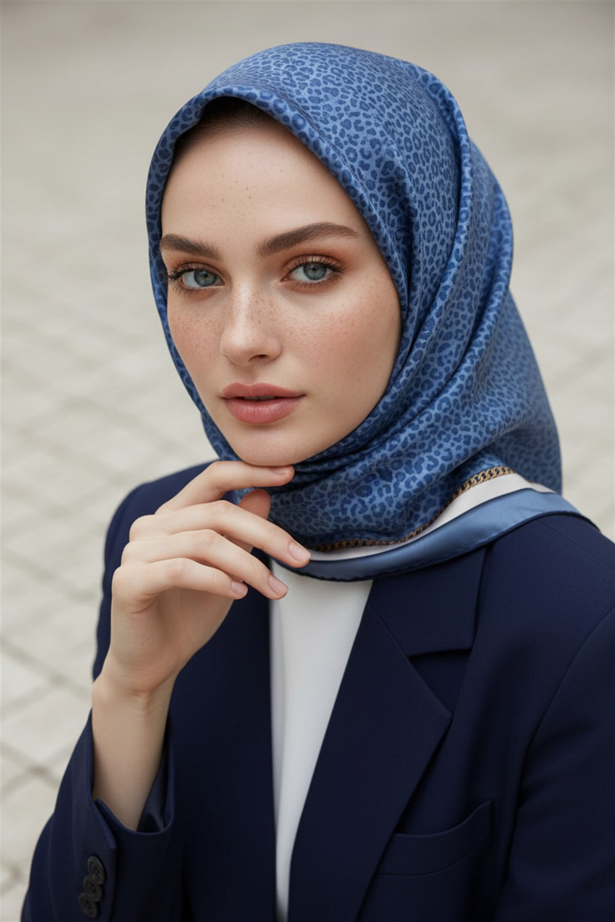 % 57 İPEK % 43 VİSKON Twill İpek Leopar Desenli İndigo - Krem Renkli 90x90 Eşarp Dikim Şekli : El Dikişi