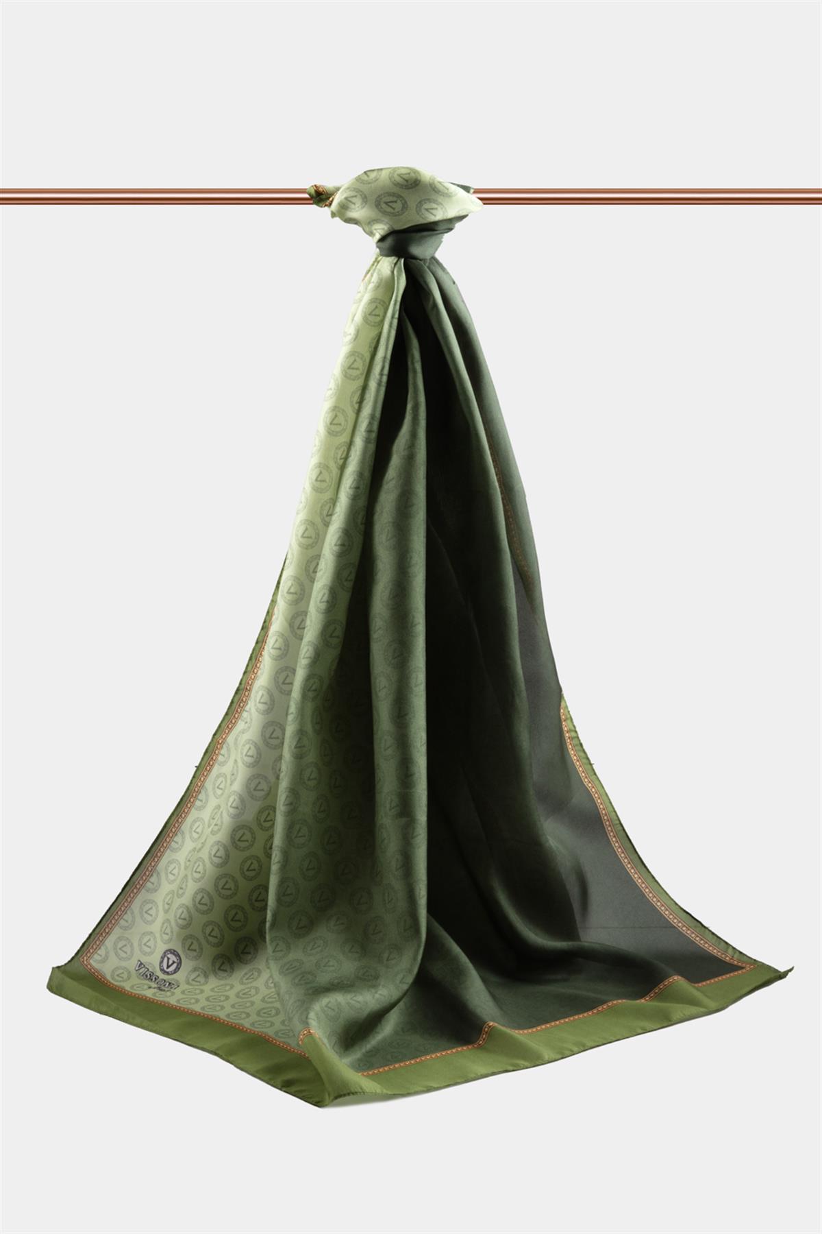 %100 İpek Degradeli Ve Monogram Desenli Haki - Gold Renkli 92x210 Şal