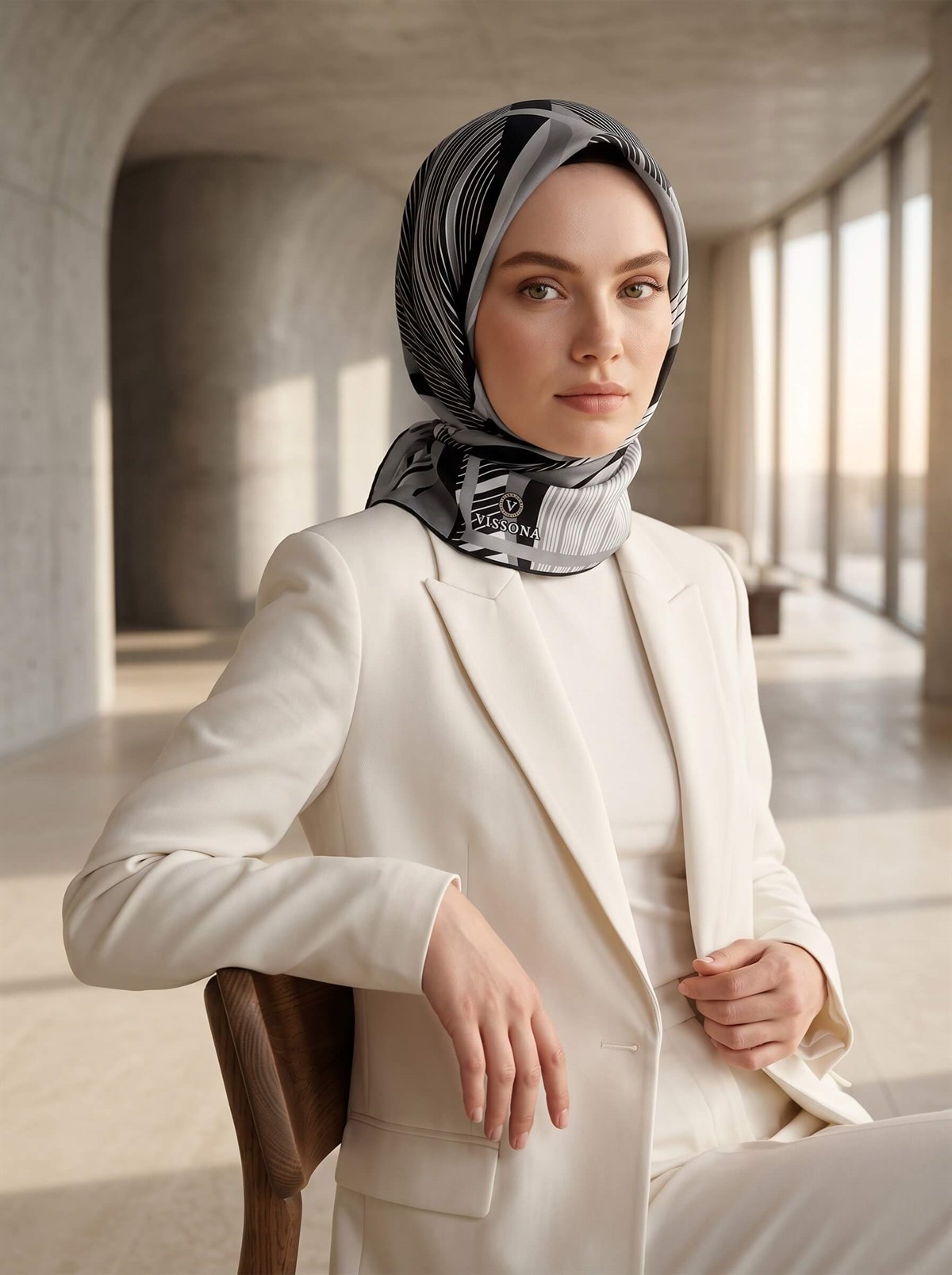 %100 Twill İpek Çizgili Geometrik Desenli Siyah - Füme Renkli 90x90 Eşarp Dikim Şekli : El Dikişi