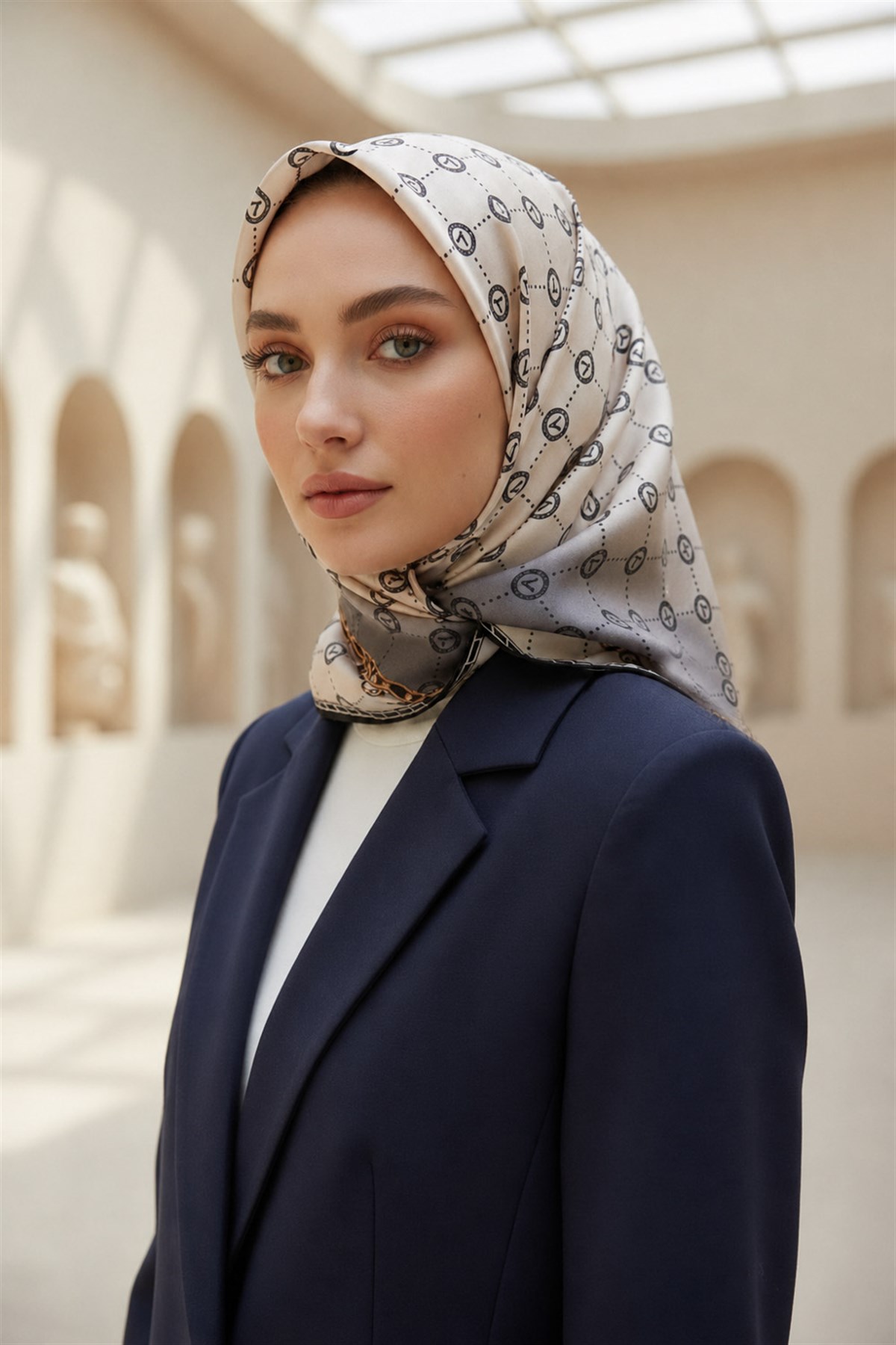 %100 Twill İpek Zincirli Ve Monogram Desenli Krem - Zümrüt Yeşili Renkli 90x90 Eşarp Dikim Şekli : El Dikişi
