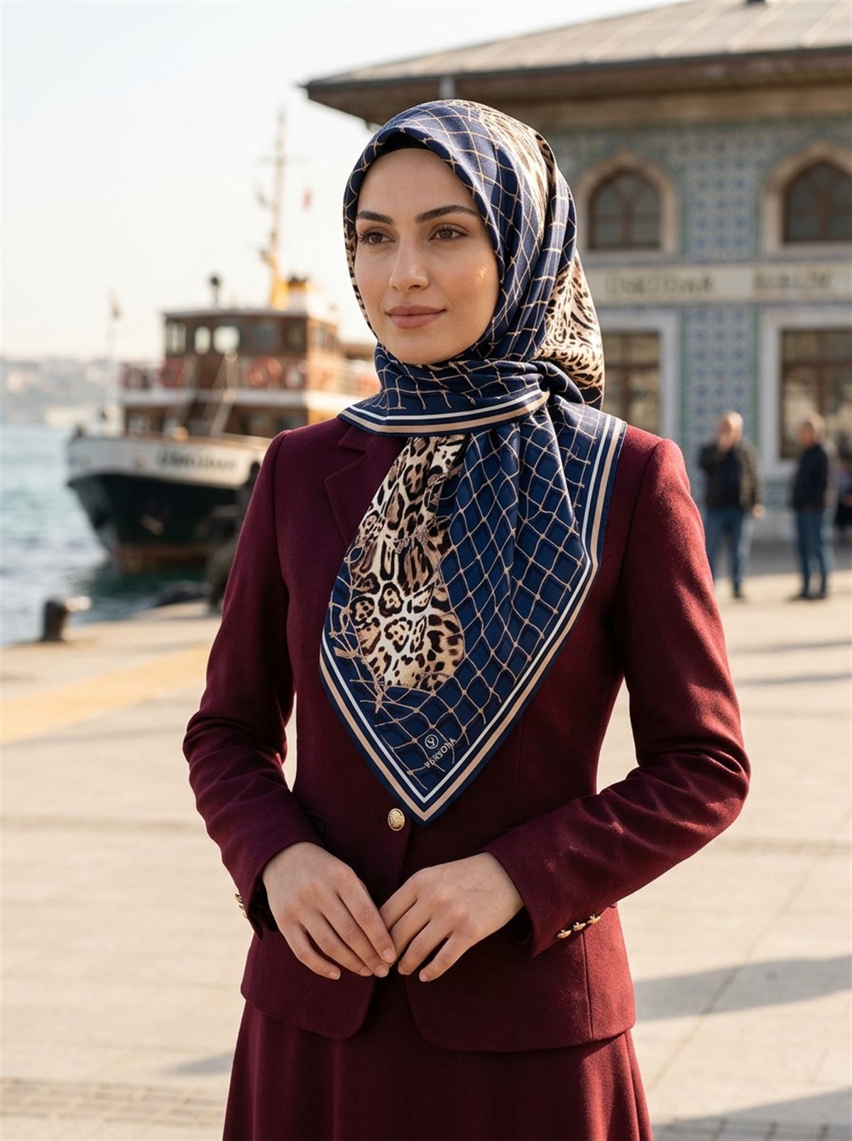 %100 Twill İpek Leopar Desenli Lacivert Renkli 90x90 Eşarp Dikim Şekli : El Dikişi
