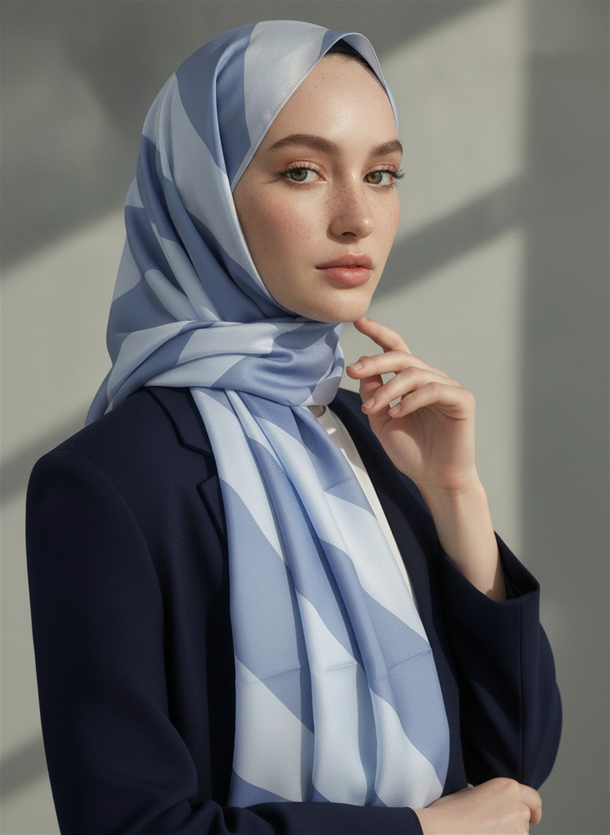 %100 Saf İpek Şal İnce Saten Vual Dokuma Çizgili Desenli Bebe Mavisi - Buz Mavisi Renkli 90x210 Şal