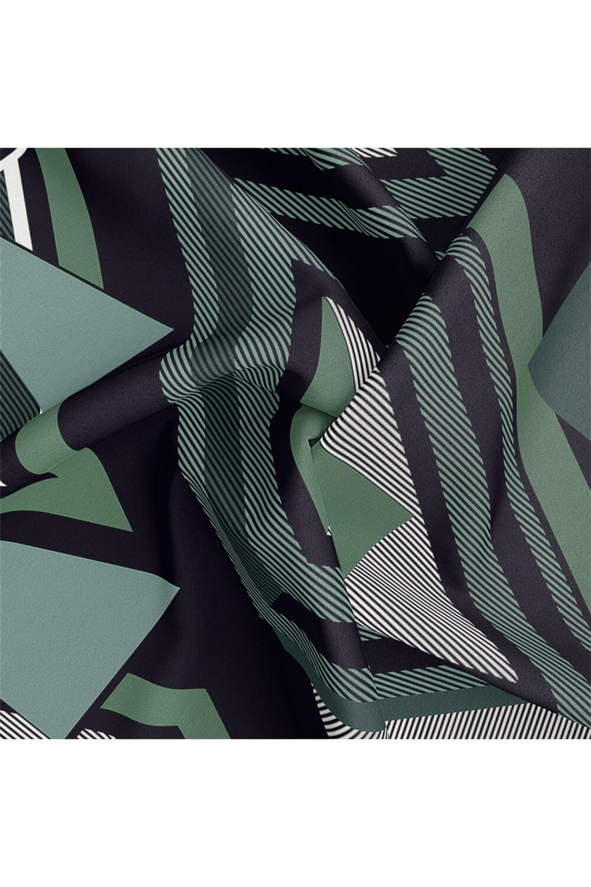 %100 Twill İpek Geometrik Desenli Zümrüt Yeşili - Siyah Renkli 90x90 Eşarp Dikim Şekli : El Dikişi