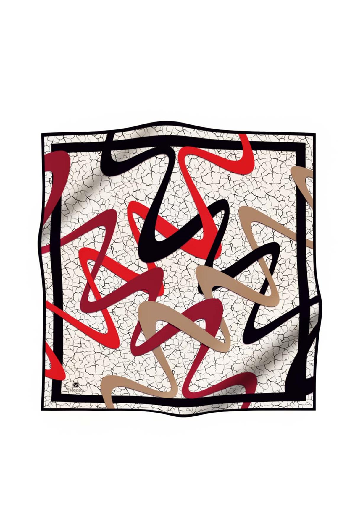 %100 Twill İpek Geometrik Ve Çatlak Desenli Bordo - Siyah Renkli 90x90 Eşarp Dikim Şekli : El Dikişi