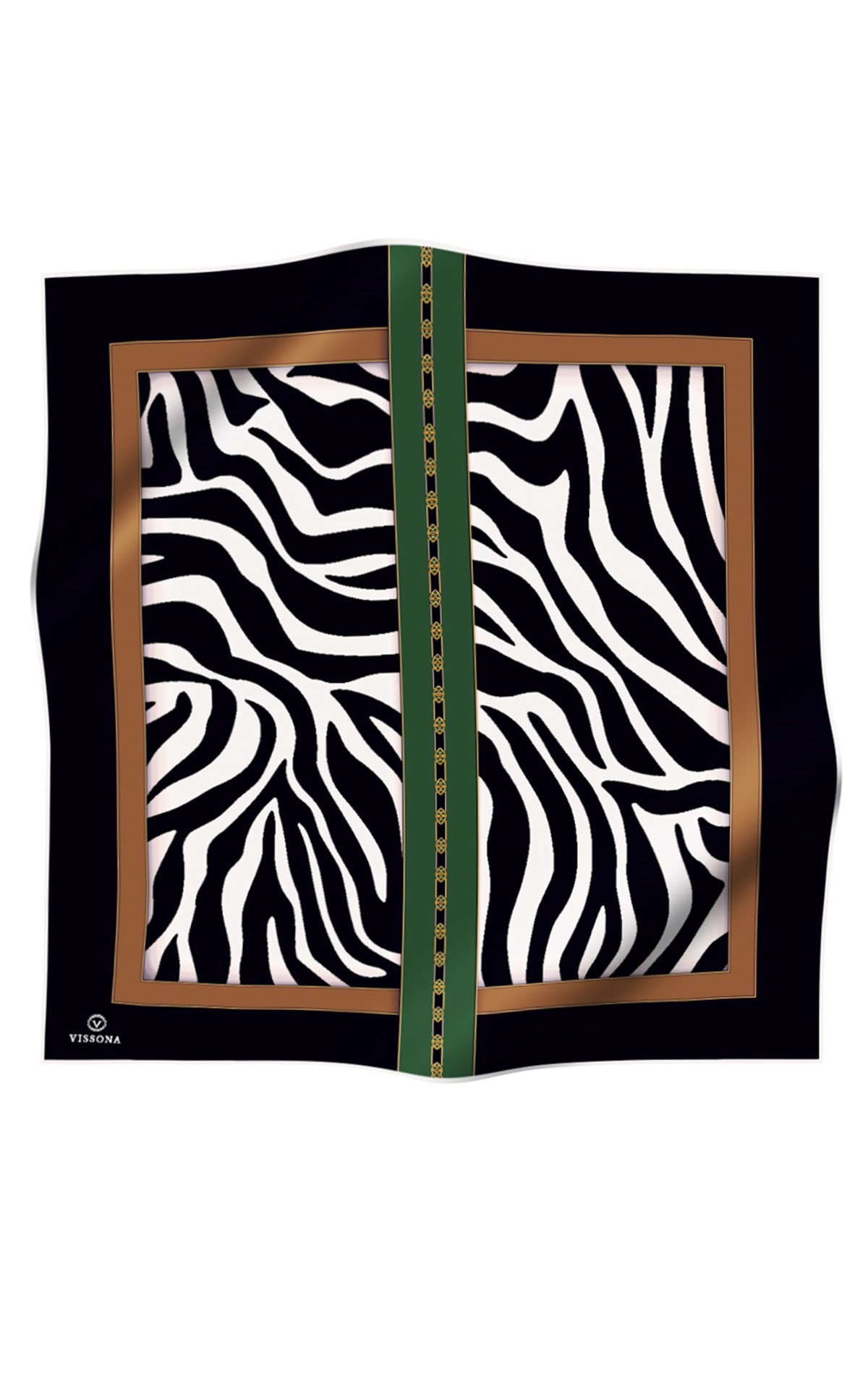 %100 Twill İpek Zebra Desenli Vizon - Zümrüt Yeşili Renkli 90x90 Eşarp Kenar Dikiş Şekli El Dikişli