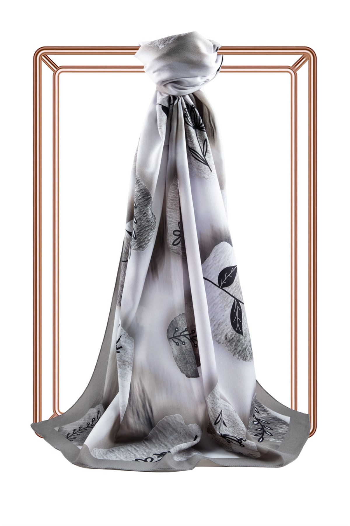 KREP FIRÇA DOKULU ÇİZGİ ÇİÇEK DESENLİ GRİ RENKLİ 75X195 KIRIŞMAZ ŞAL