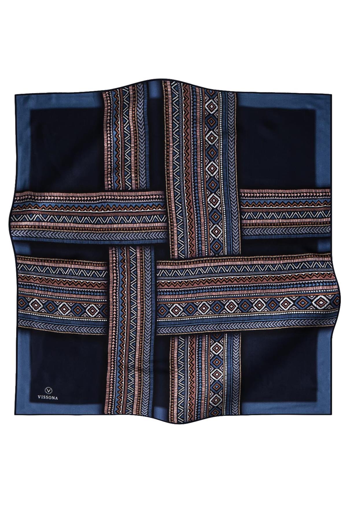 %100 Twill İpek Etnik Desenli İndigo - Lacivert Renkli 90x90 Eşarp Dikim Şekli : El Dikişi