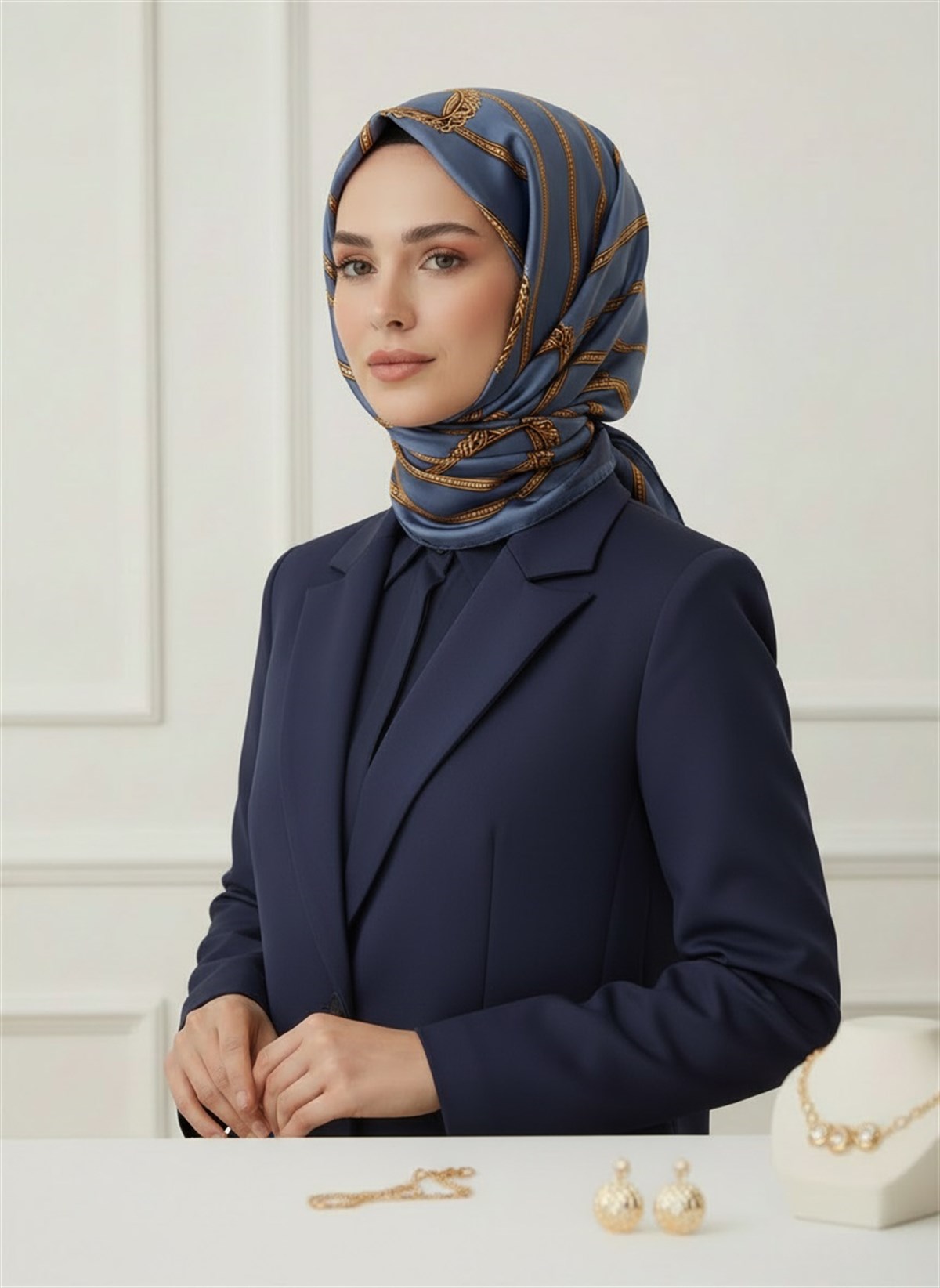 %100 Saf İpek Şal İnce Saten Vual Dokuma Kemer Desenli İndigo - Gold Renkli 90x210 Şal