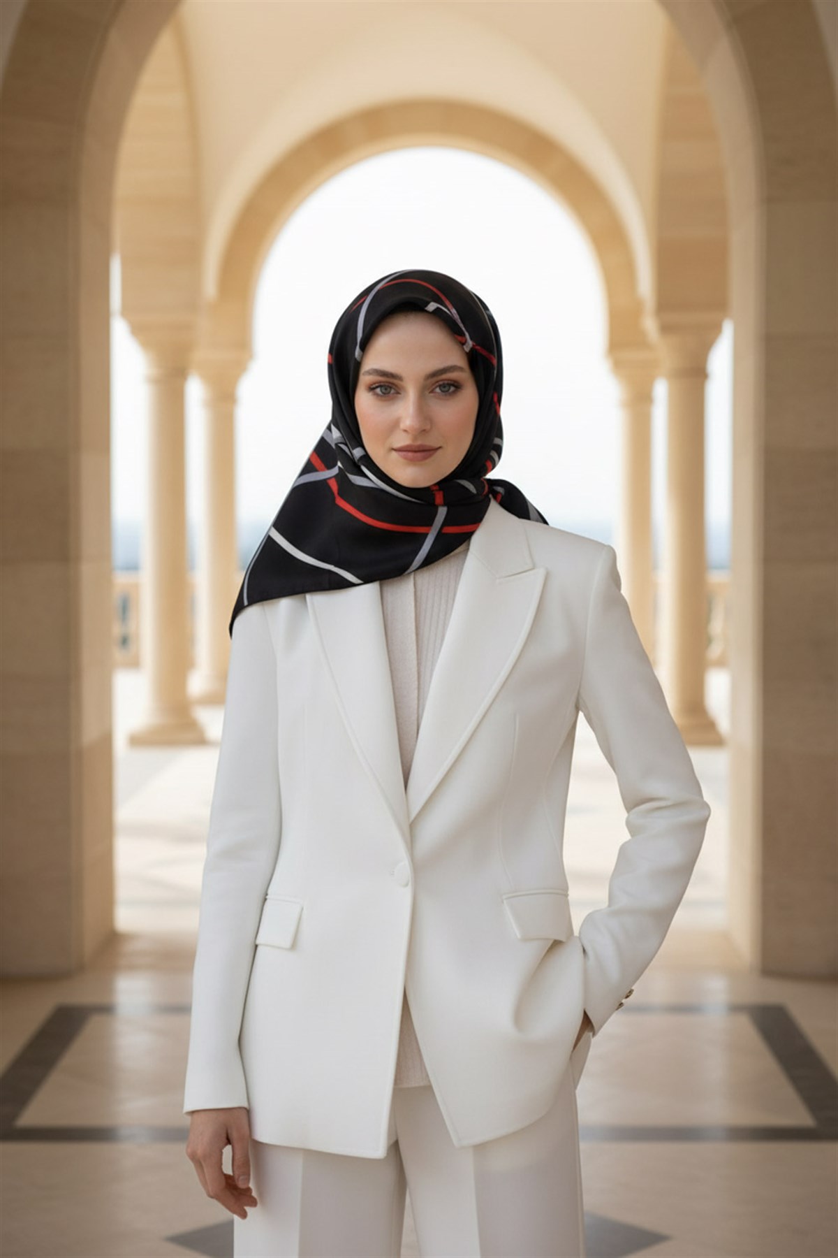 %100 Twill İpek Çizgili Desenli Siyah - Kırmızı Renkli 90x90 Eşarp Dikim Şekli : El Dikişi