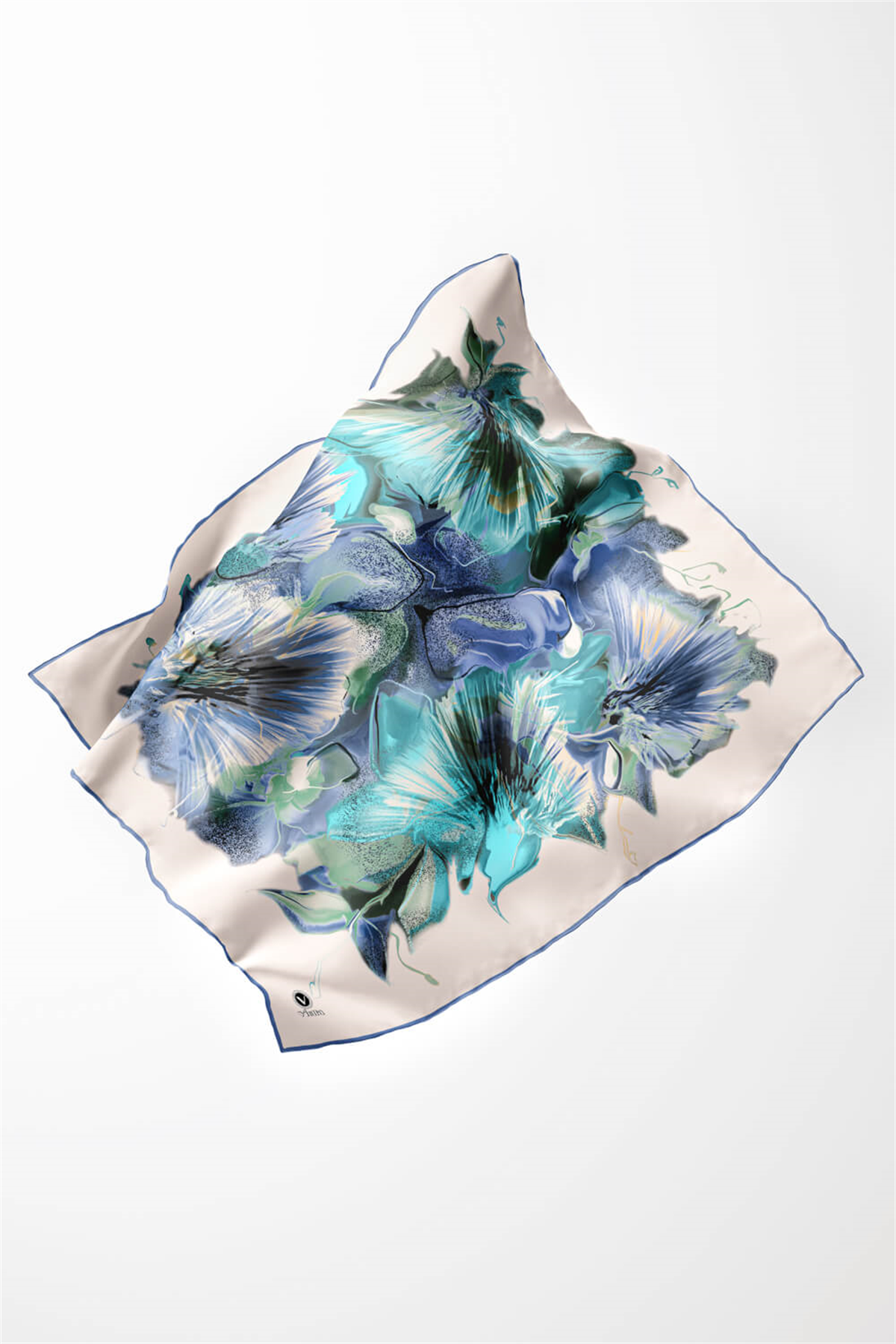 Twill Çiçek Desenli İndigo - Mint Yeşili Renkli 90x90 Eşarp (İpek İçermez) Kenar Dikiş Şekli El Dikişli