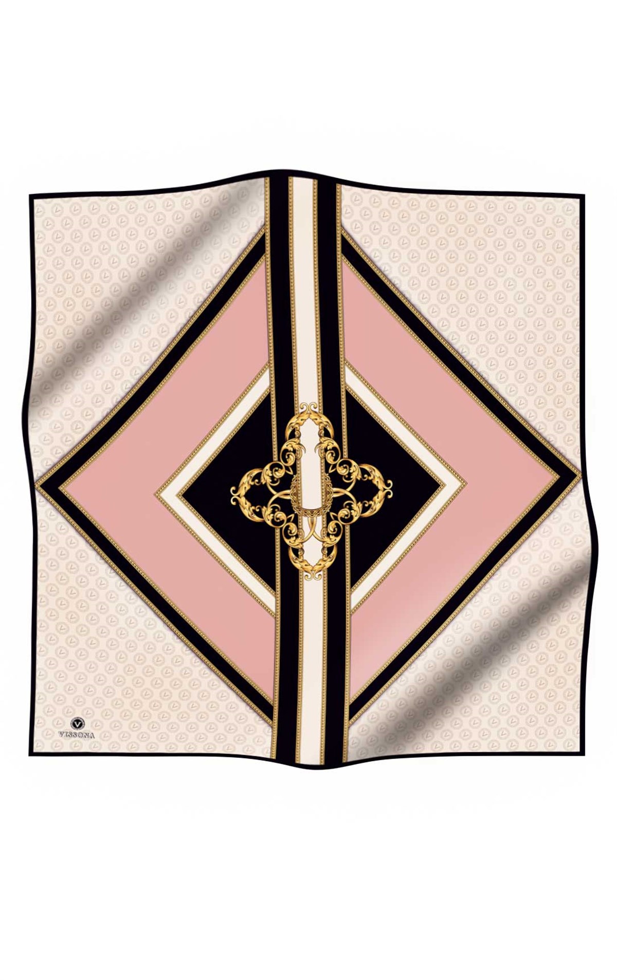 %100 Twill İpek Monogram ve Barok Desenli Pudra - Krem Renkli 90x90 Eşarp Dikim Şekli : El Dikişi