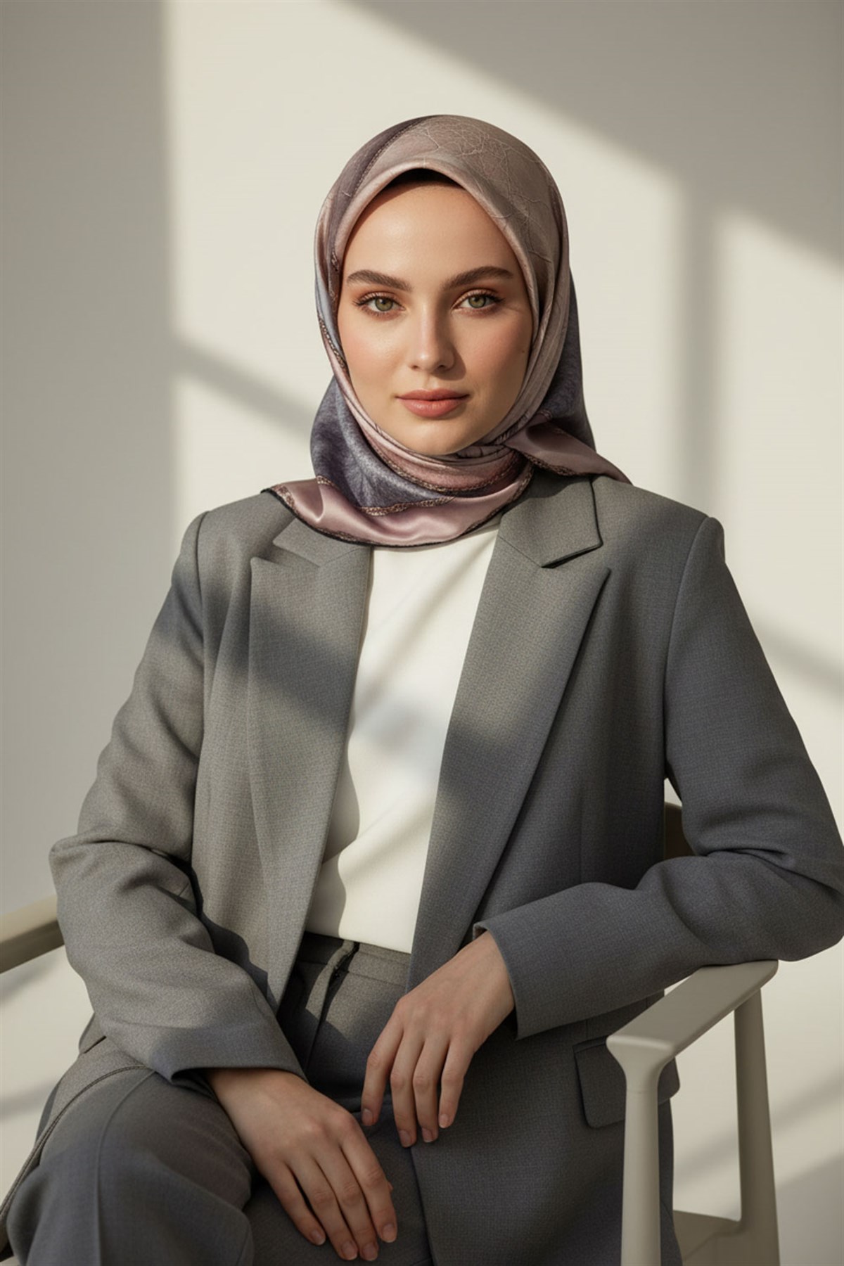 % 57 İPEK % 43 VİSKON Twill İpek Dokulu Geometrik Desenli Pudra - Gri Renkli 90x90 Eşarp Dikim Şekli : El Dikişi
