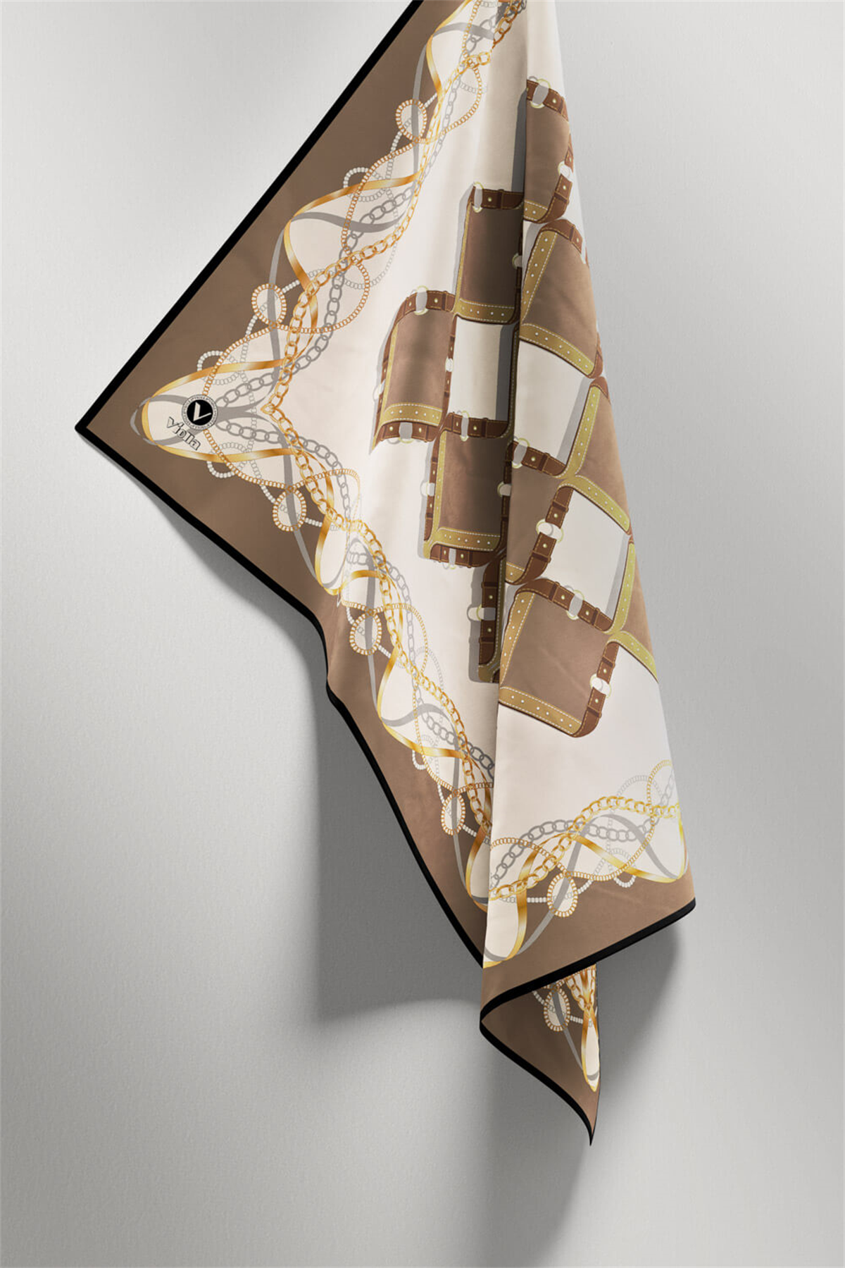 Twill Kemer Ve Zincir Desenli Vizon Renkli 90x90 Eşarp (İpek İçermez) Kenar Dikiş Şekli El Dikişli