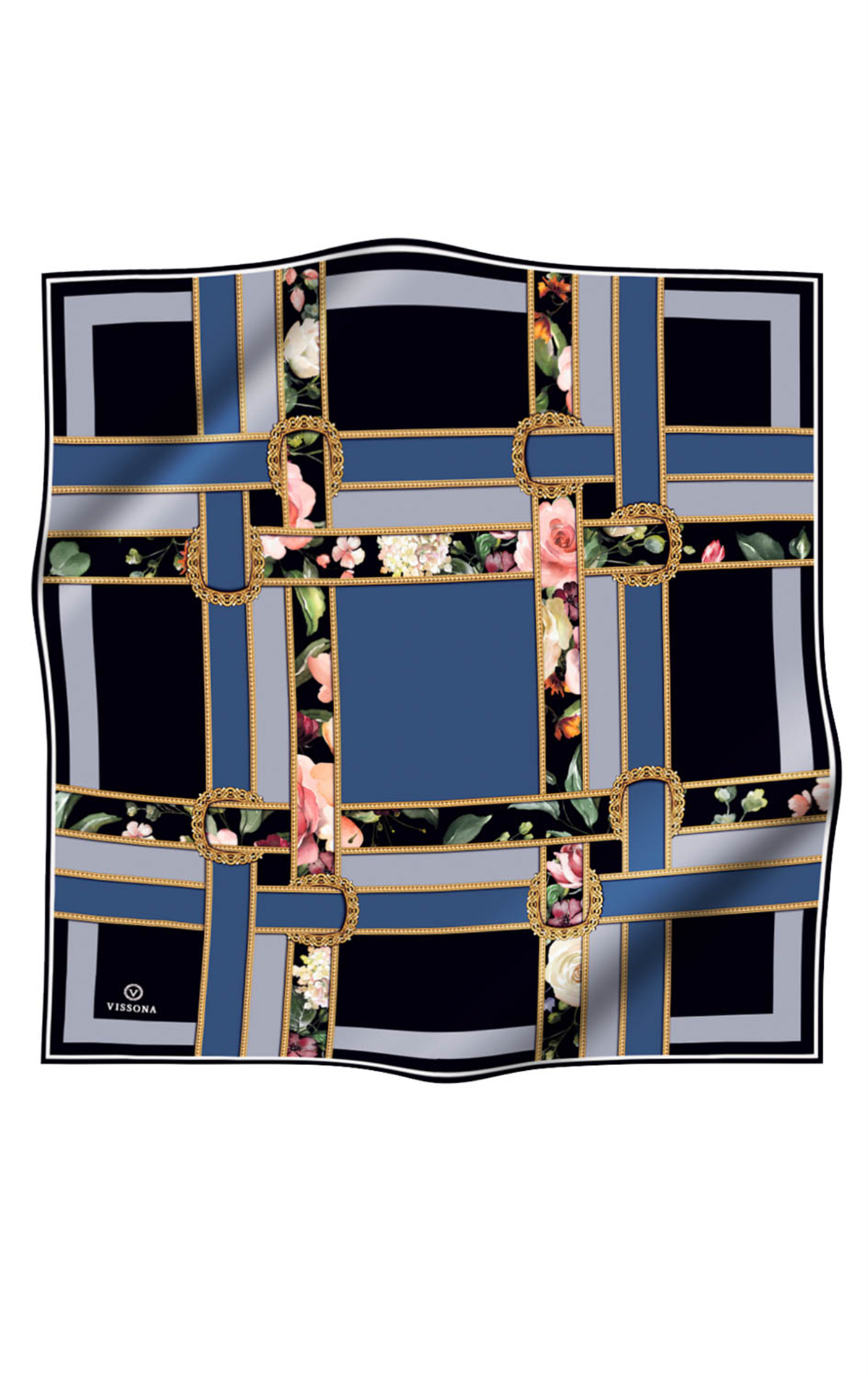 %100 Twill İpek Şeritleri Kemerli Ve Çiçek Desenli İndigo - Gri Renkli 90x90 Eşarp Dikim Şekli : El Dikişi