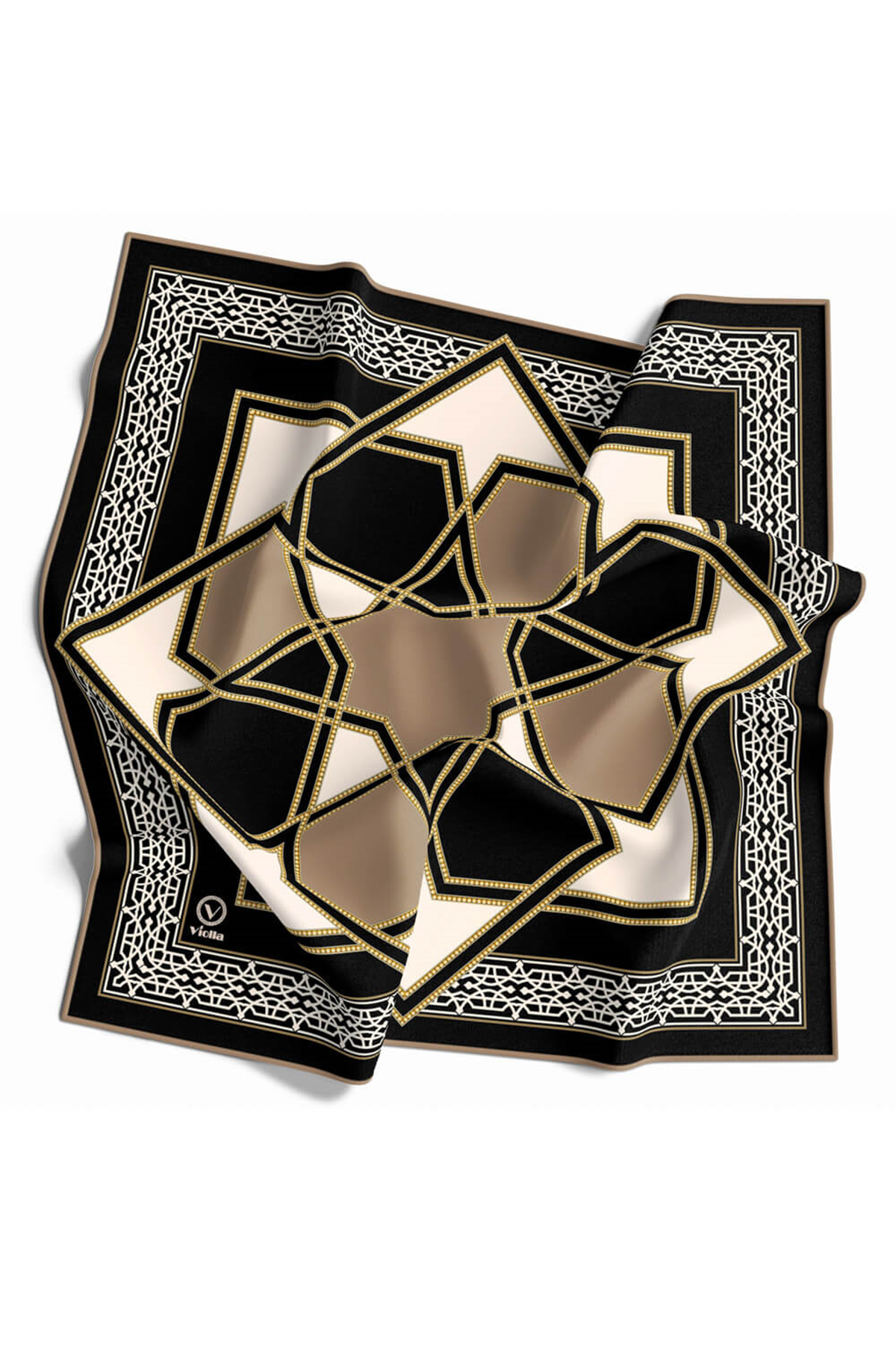 Twill Osmanlı Çini Desenli Bej Renkli 90x90 Eşarp (İpek İçermez)Kenar Dikiş Şekli El Dikişli