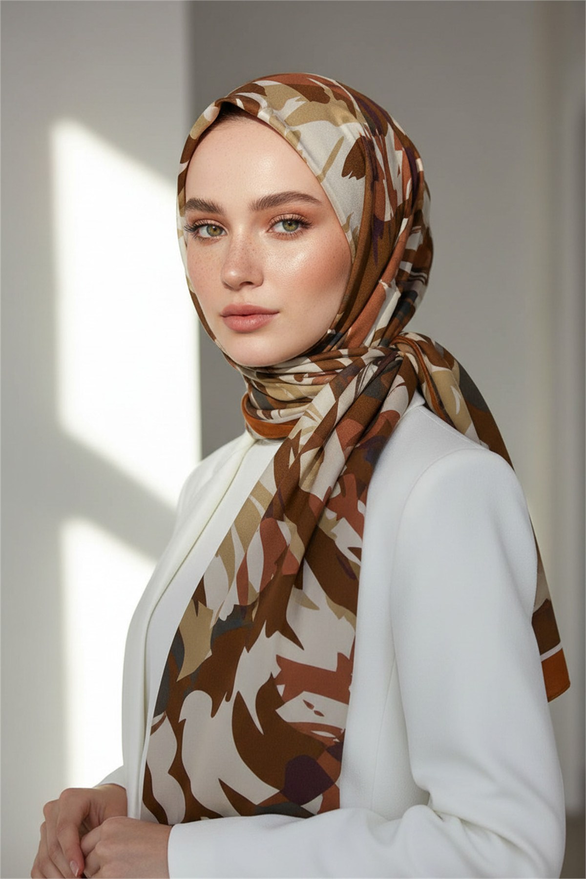 KREP GEOMETRİK DESENLİ TABA RENKLİ 75X195 KIRIŞMAZ ŞAL