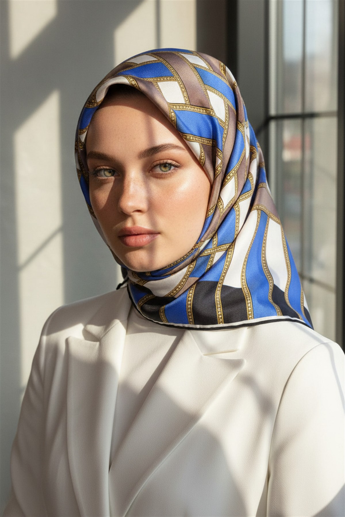%100 Twill İpek Hasır Örgü Desenli Saks - Lacivert Renkli 90x90 Eşarp Dikim Şekli : El Dikişi