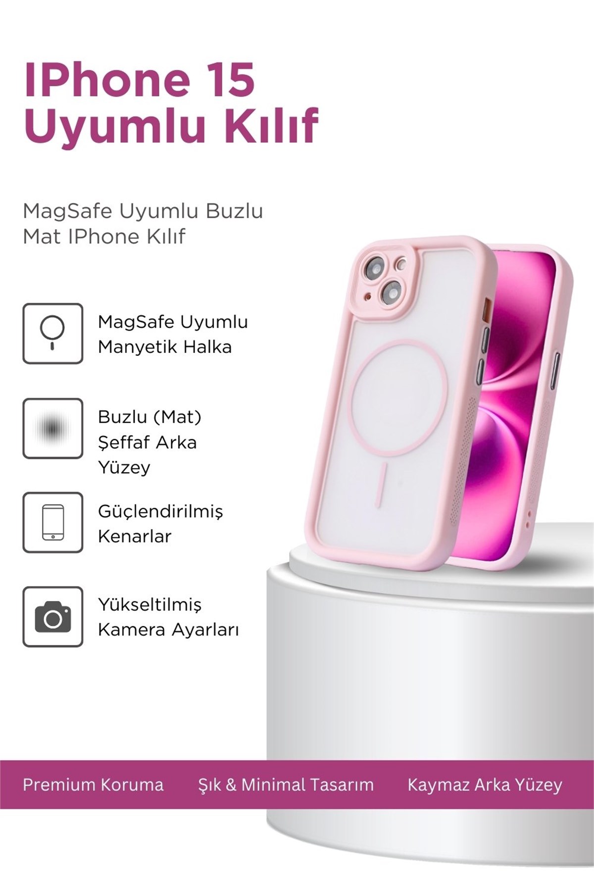iPhone 13 Kılıf – Kamera Korumalı – MagSafe Uyumlu – Pembe Renk – Mat Silikon Telefon Kılıfı