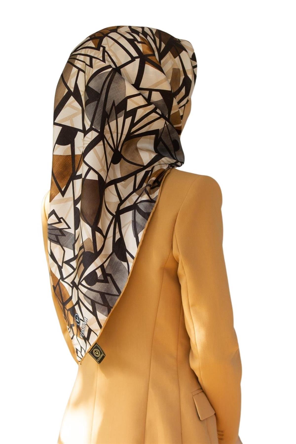 %100 Twill Renkli Petek Desenli Sütlükahve - Vizon Renkli 90x90 Eşarp Dikim Şekli: El Dikişii