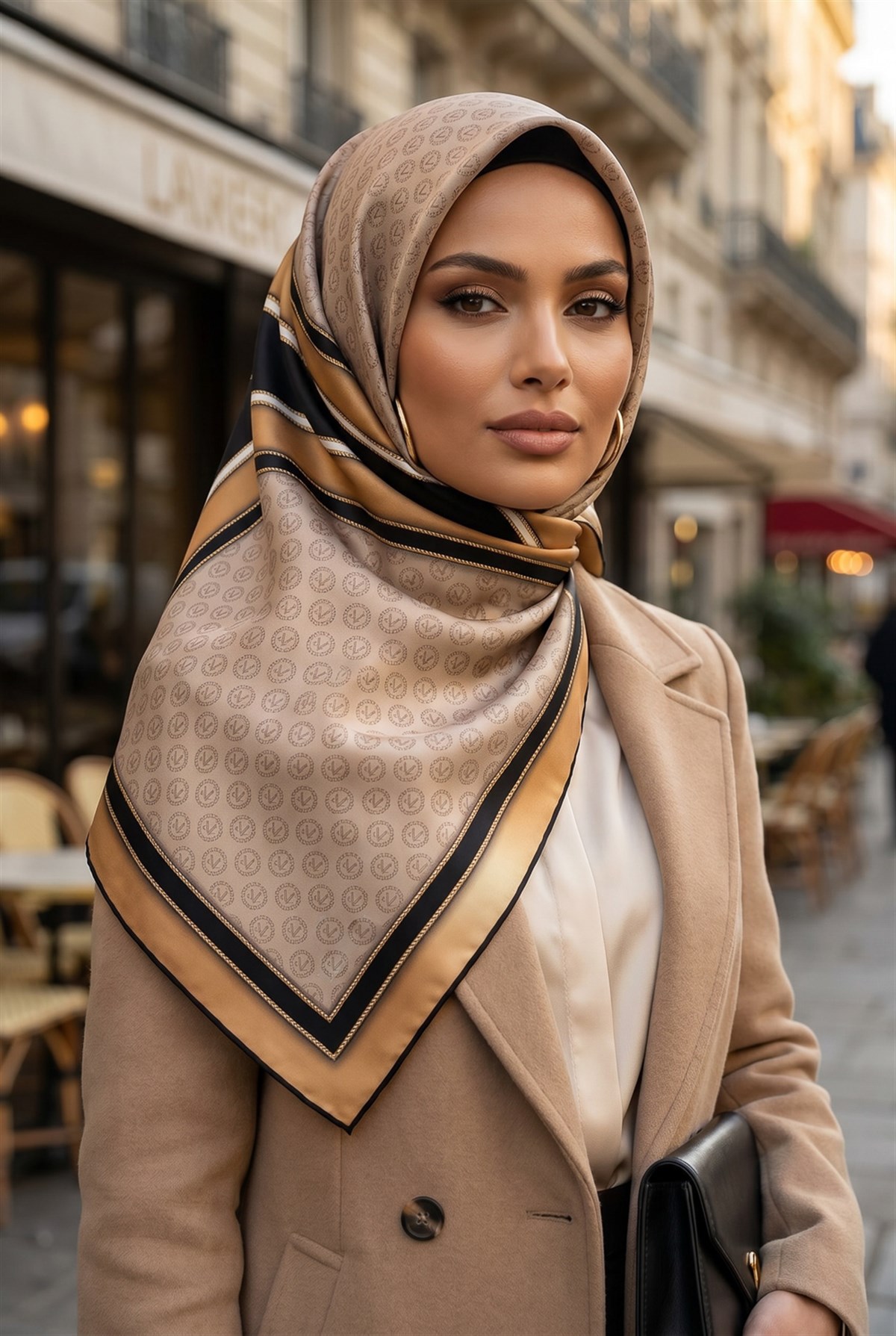 %100 Twill Geometrik Monogram Desenli Gold - Bej Renkli 90x90 Eşarp Kenar Dikiş Şekli : El Dikişli
