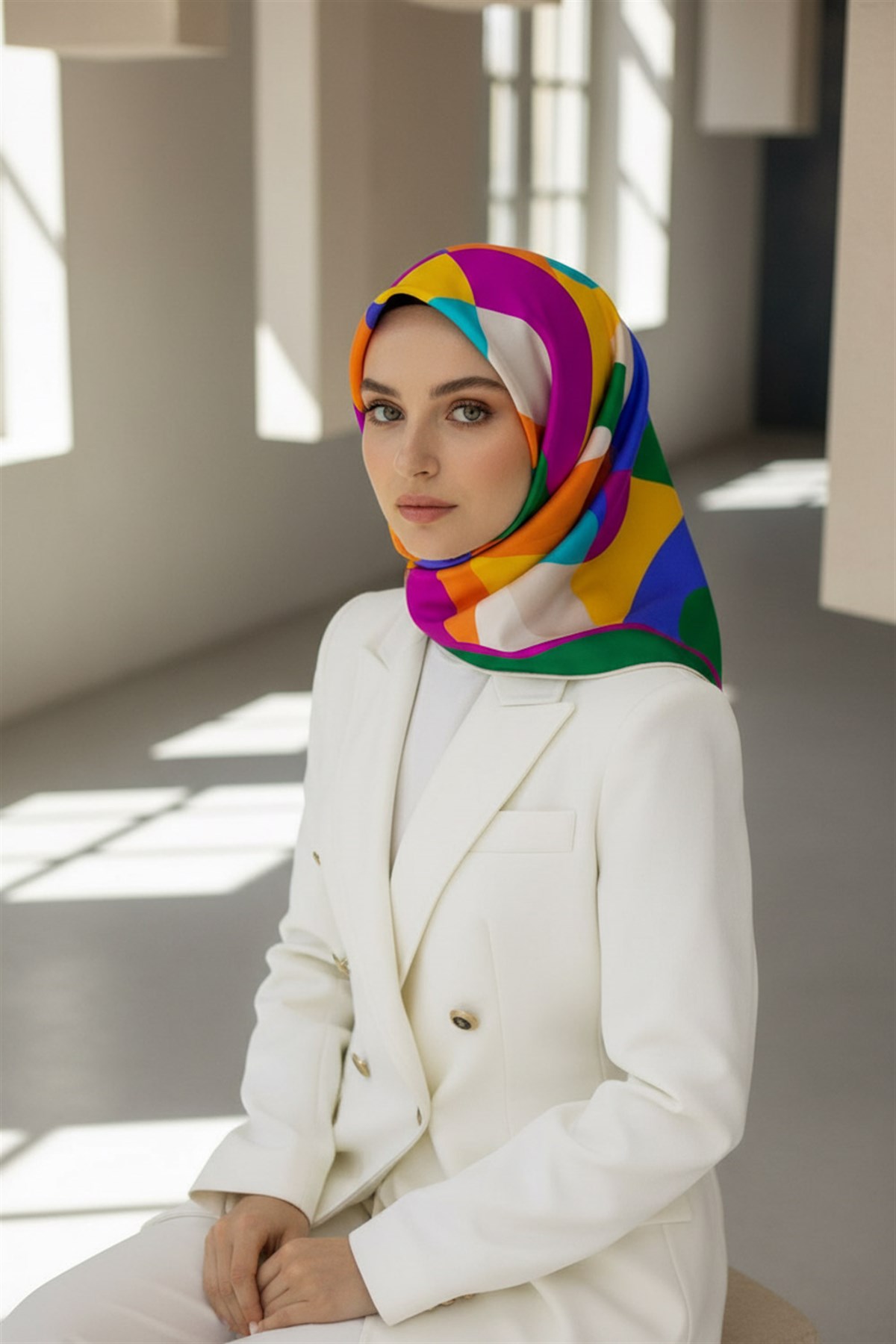 %100 Twill Renk Bloklu Çizgili Desenli Zümrüt Yeşili - Taba Renkli 90x90 Eşarp Dikim Şekli: El Dikişii