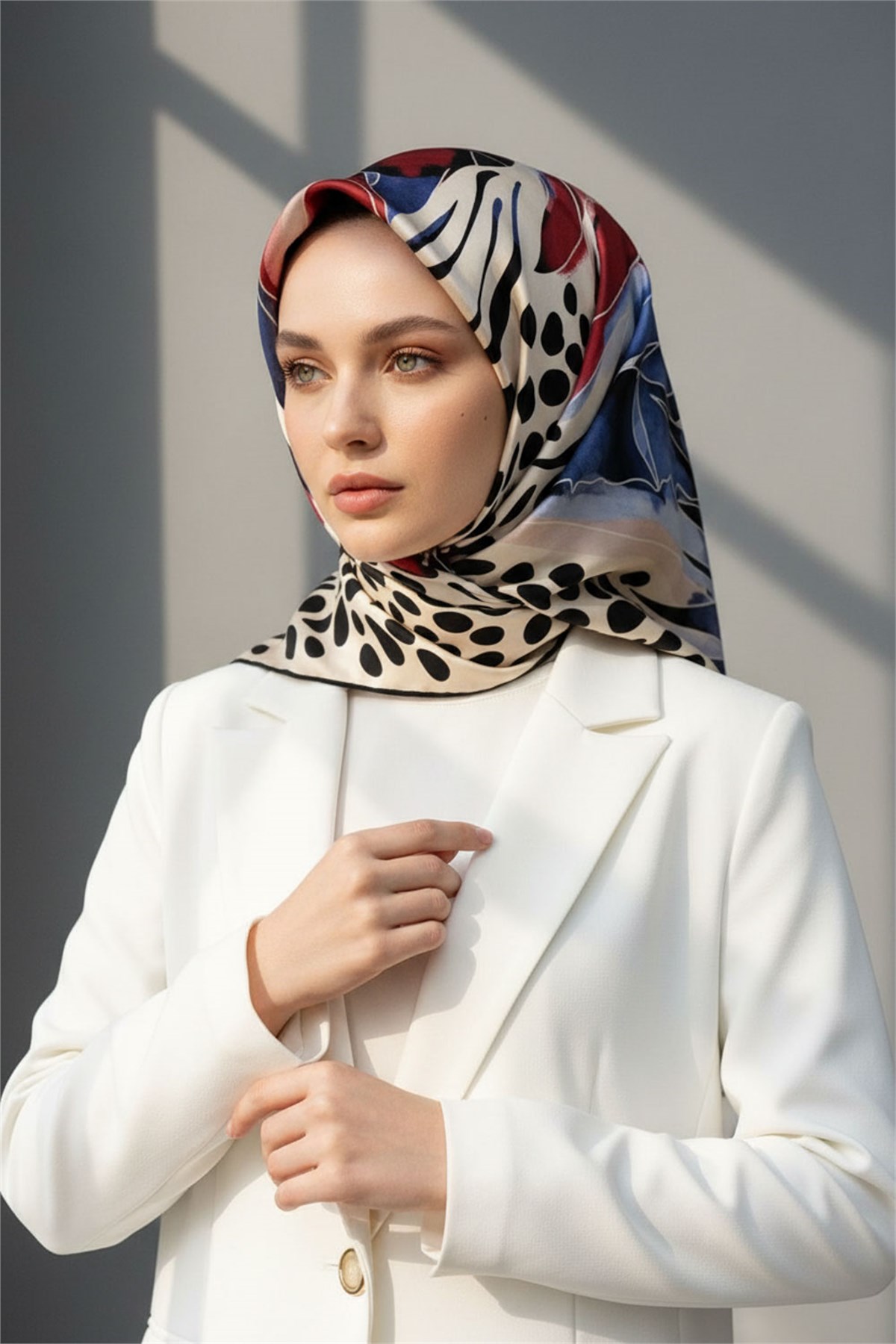 %100 Twill İpek Amazon Desenli Kırmızı- İndigo Renkli 90x90 Eşarp Kenar Dikiş Şekli El Dikişli