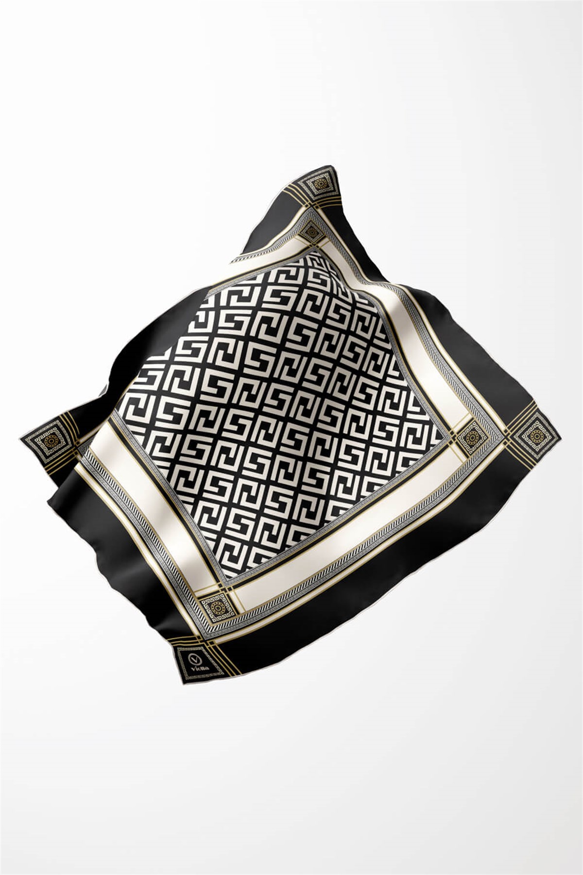 Twill Antik Desenli Siyah - Krem Renkli 90x90 Eşarp (İpek İçermez) Kenar Dikiş Şekli El Dikişli