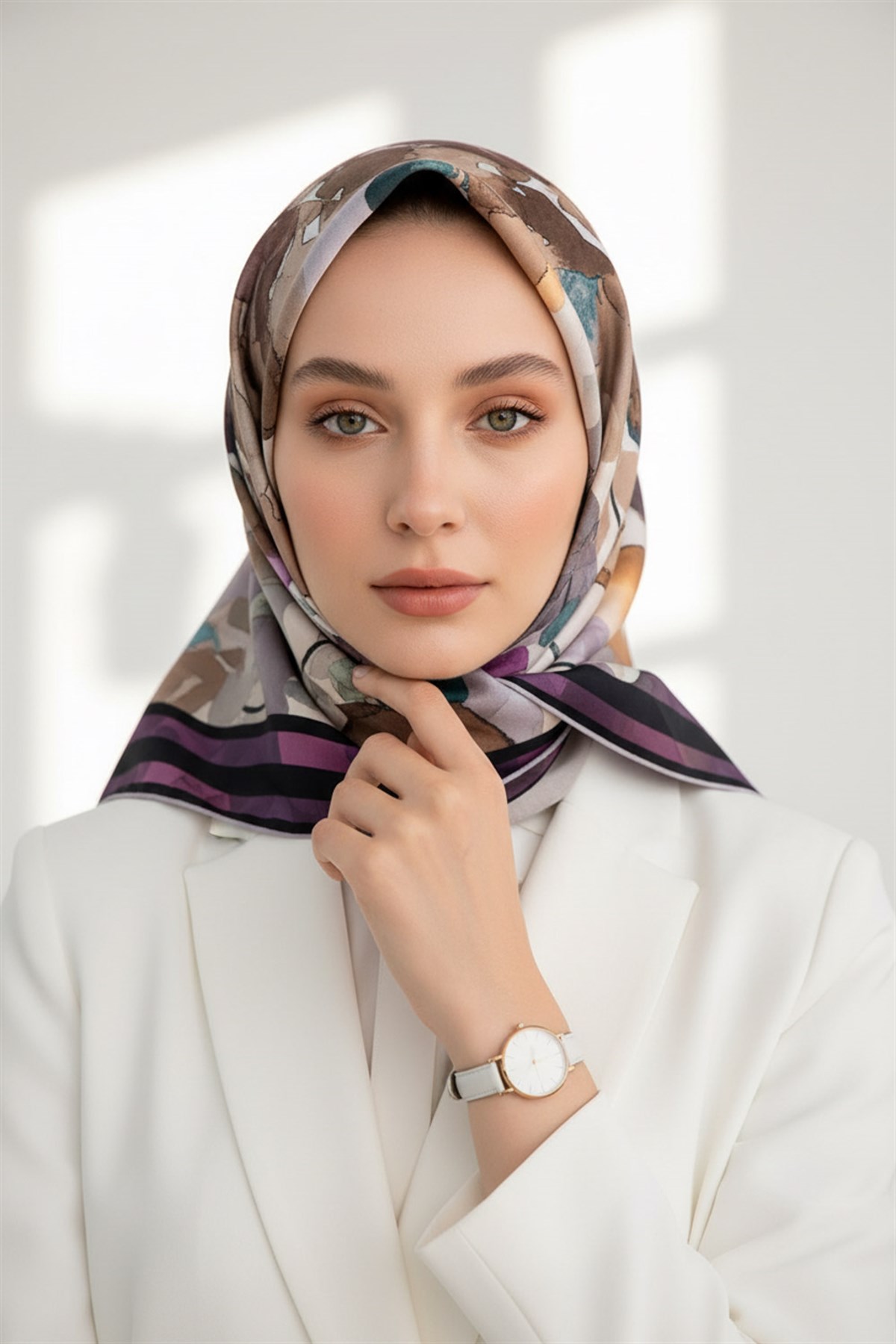 % 57 İPEK % 43 VİSKON Twill İpek Sulu Boyalı Çiçek Desenli Mor - Vizon Renkli 90x90 Eşarp Dikim Şekli : El Dikişi