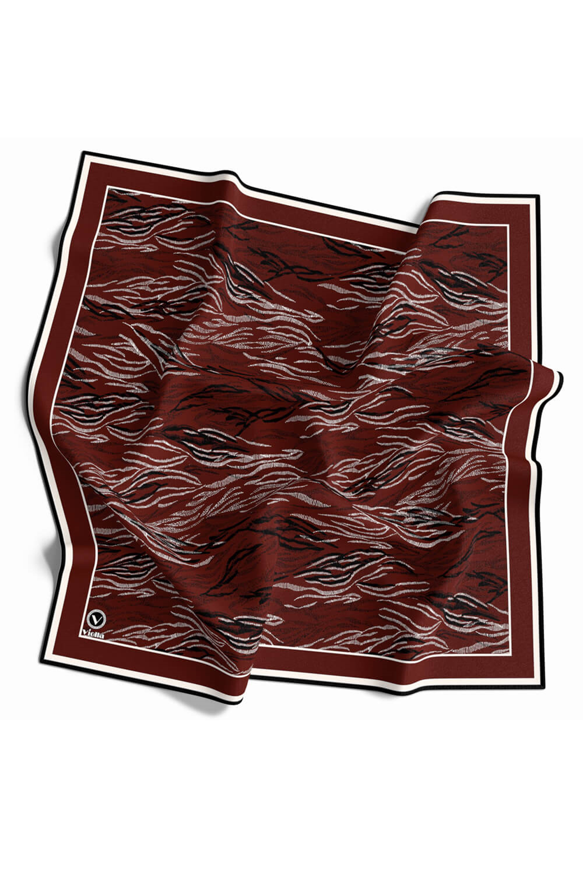 Twill Soyut Çizgi Desenli Bordo Renkli 90x90 Eşarp (İpek İçermez) Kenar Dikiş Şekli El Dikişli