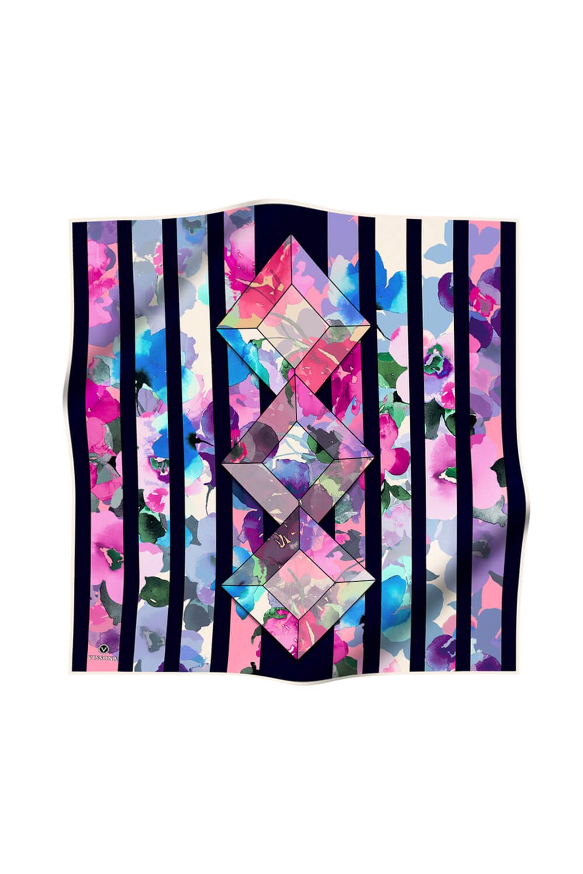 %100 Twill İpek Bahar Çiçekleri Desenli Lacivert - Fuşya Renkli 90x90 Eşarp Kenar Dikiş Şekli El Dikişli