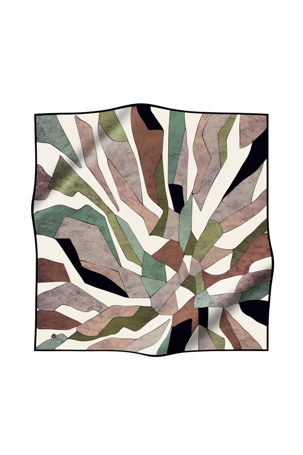 %100 Twill İpek Geometrik Desenli Bakır - Haki Renkli 90x90 Eşarp Dikim Şekli : El Dikişi