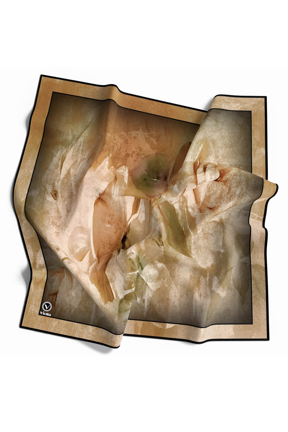 Twill Sulu Boyalı Çiçek Desenli Hardal Renkli 90x90 Eşarp (İpek İçermez) Kenar Dikiş Şekli El Dikişli