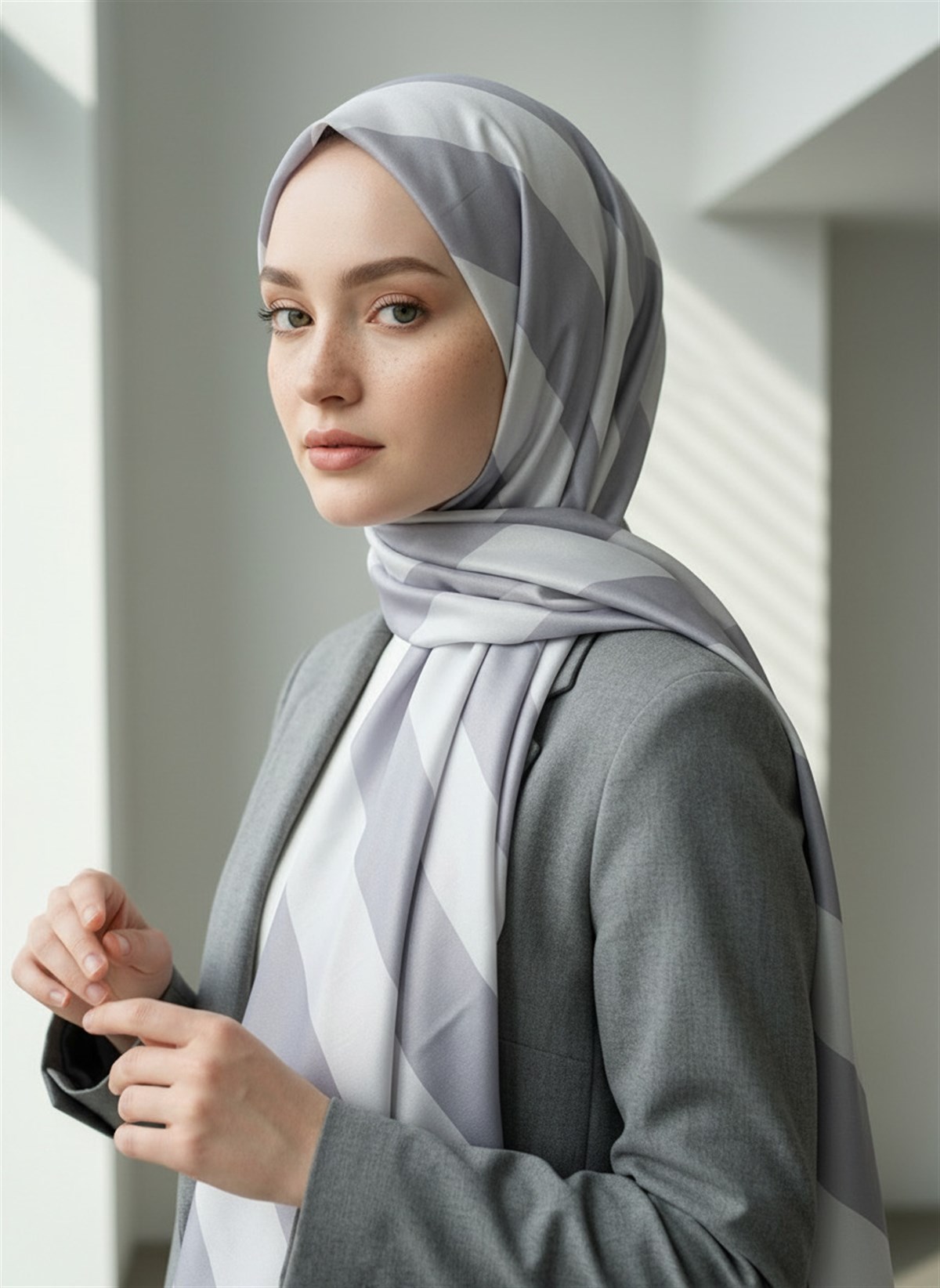 %100 Saf İpek Şal İnce Saten Vual Dokuma Çizgili Desenli Gri - Gümüş Renkli 90x210 Şal