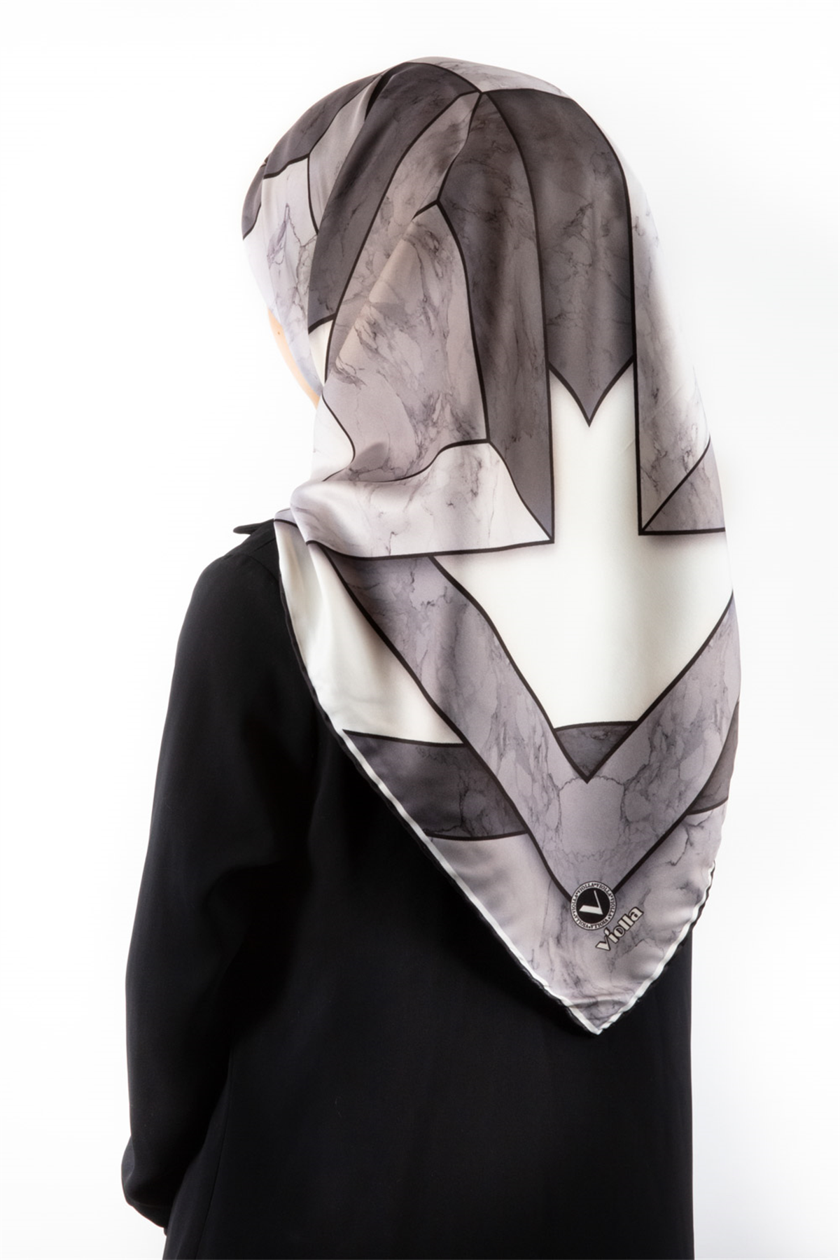 Twill Mermer Desenli Siyah - Krem Renkli 90x90 Eşarp (İpek İçermez) Kenar Dikiş Şekli El Dikişli