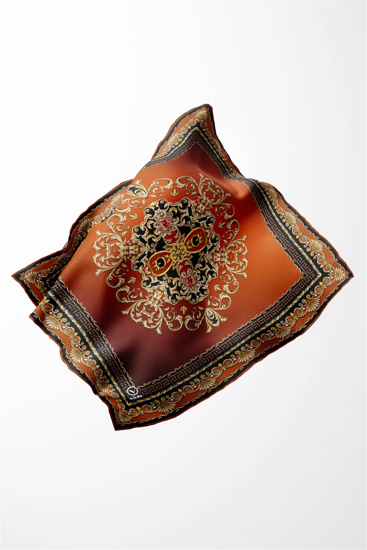 Twill Barok Desenli Siyah - Taba Renkli 90x90 Eşarp (İpek İçermez) Dikim Şekli : El Dikişi