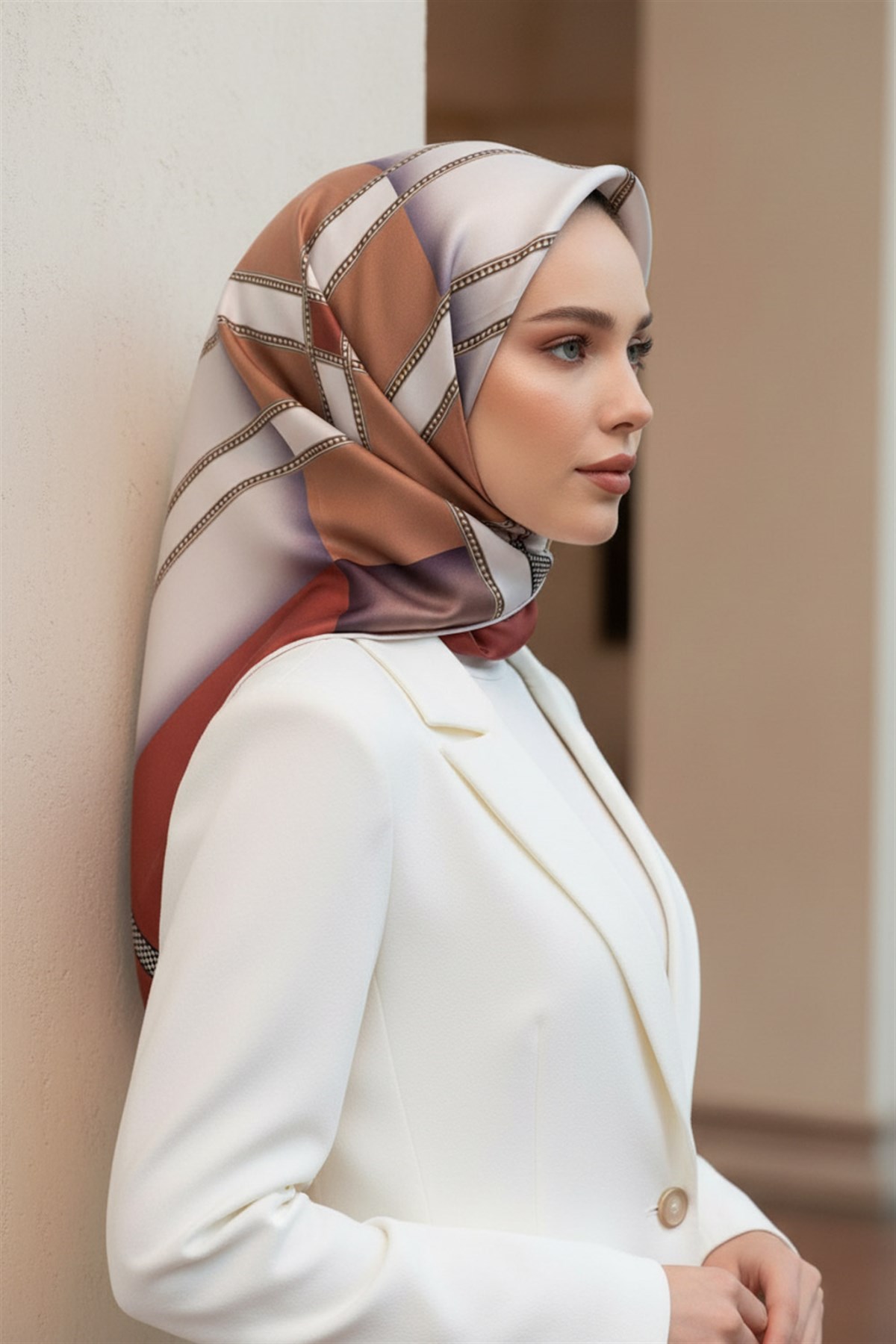 %100 Twill İpek Geometrik Desenli Taba - Hardal Renkli Renkli 90x90 Eşarp Dikim Şekli : El Dikişi