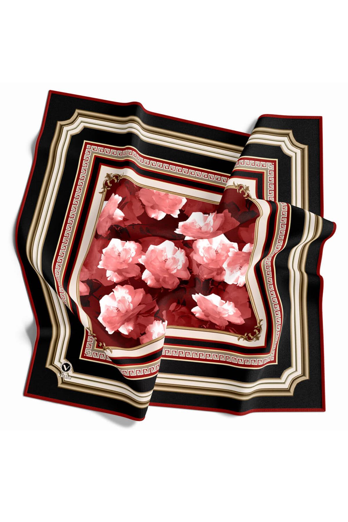 Rayon Çerçeveli Gül Desenli Kırmızı Renkli 90x90 Dikim Şekli : El Dikişi Eşarp (İpek İçermez) Kenar Dikiş Şekli El Dikişli