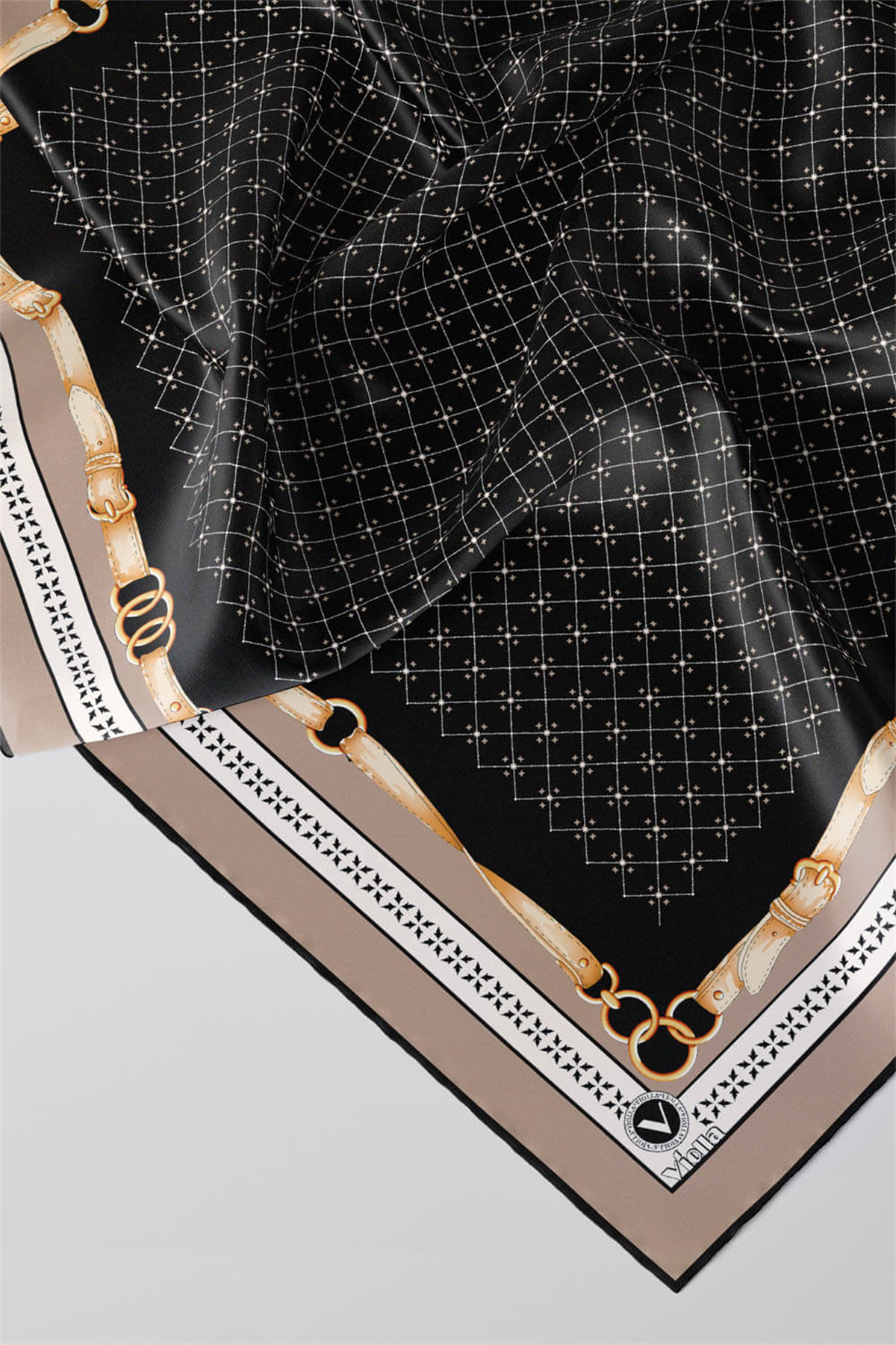 Twill Kemerli ve Çıtır Motifli Desenli Bej Renkli 90x90 Eşarp (İpek İçermez) Dikim Şekli : El Dikişi