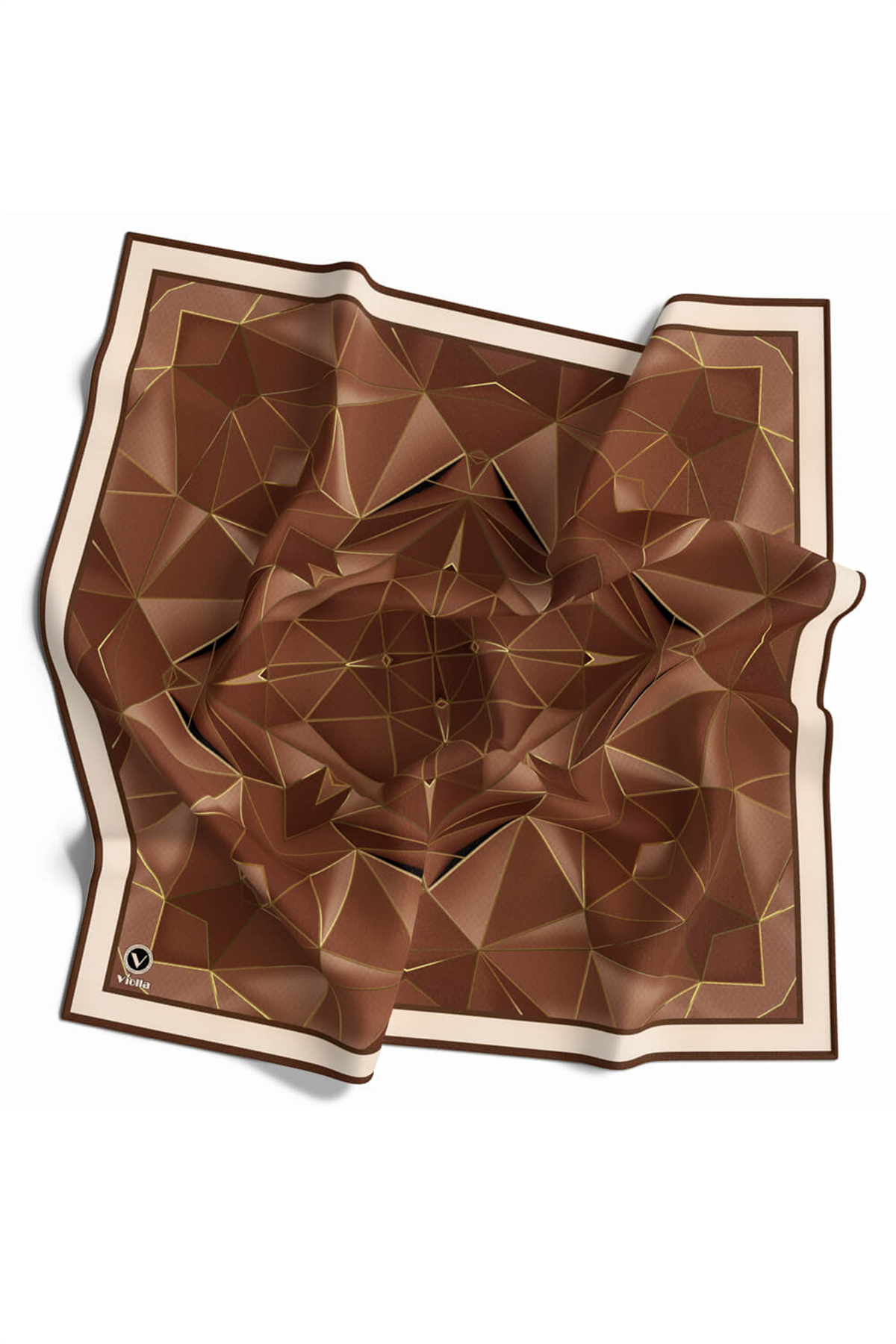 Twill Geometrik Desenli Vizon Renkli 90x90 Eşarp (İpek İçermez) Kenar Dikiş Şekli El Dikişli
