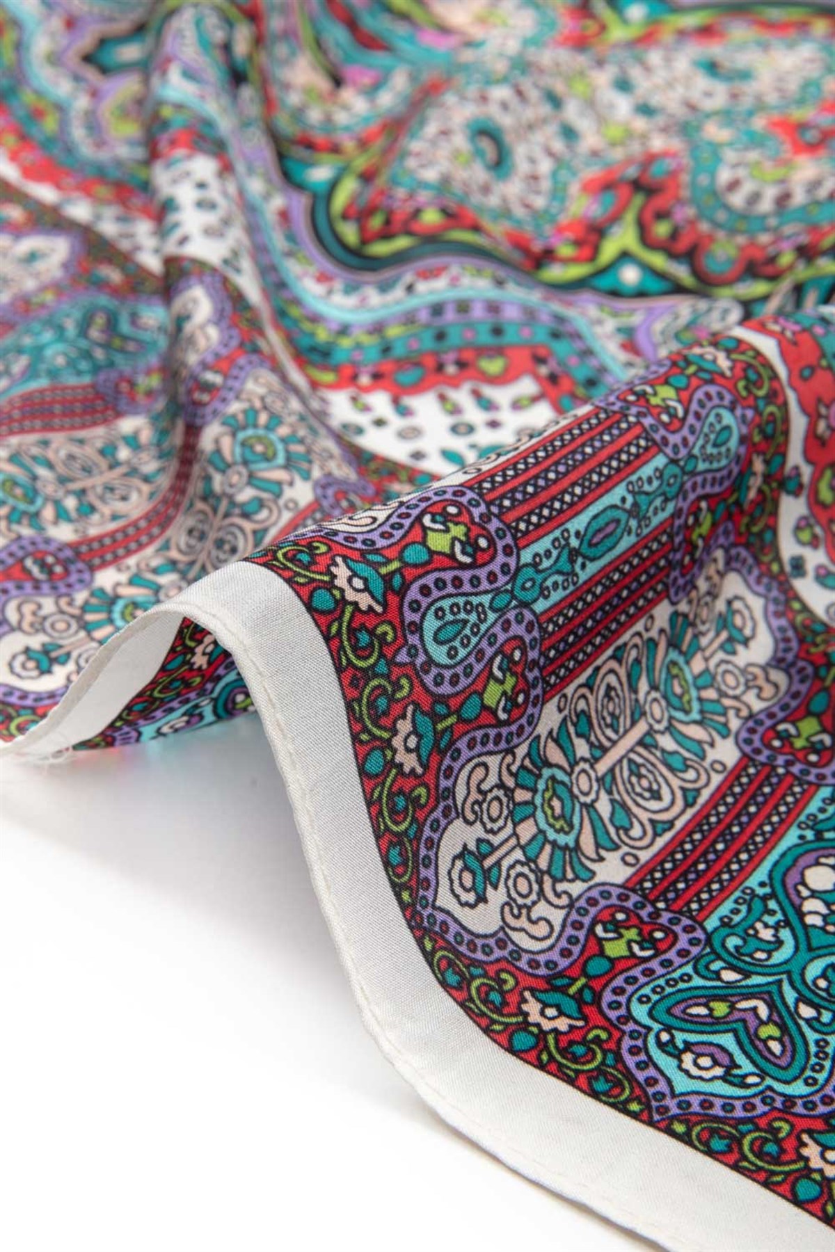 100% İpek Etnik Desenli Beyaz - Fuşya Renkli 92x210 Şal