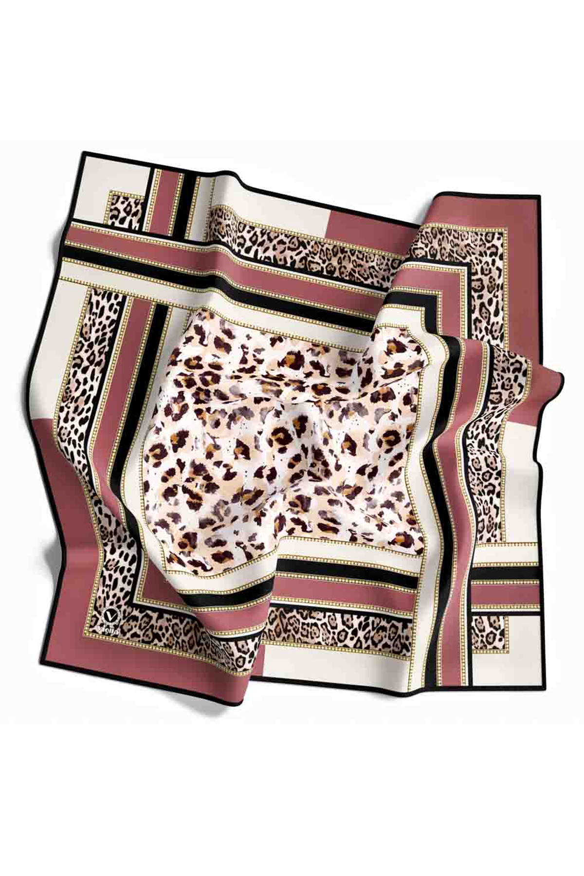 Twill Kemerli ve Leopar Desenli Gül Kurusu Renkli 90x90 Eşarp (İpek İçermez) Dikim Şekli : El Dikişi