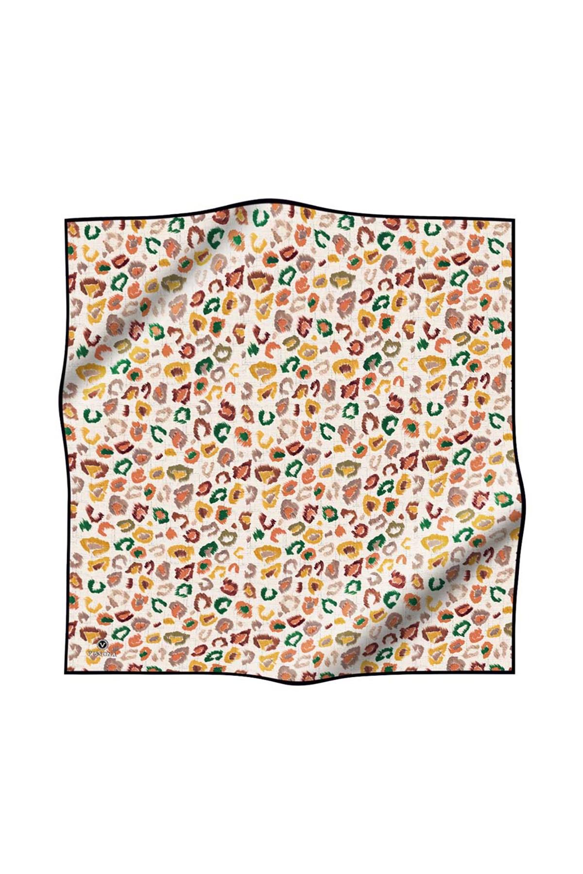 %100 Twill İpek Renkli Leopari Desenli Turuncu - Zümrüt Yeşili Renkli 90x90 Eşarp Kenar Dikiş Şekli El Dikişli
