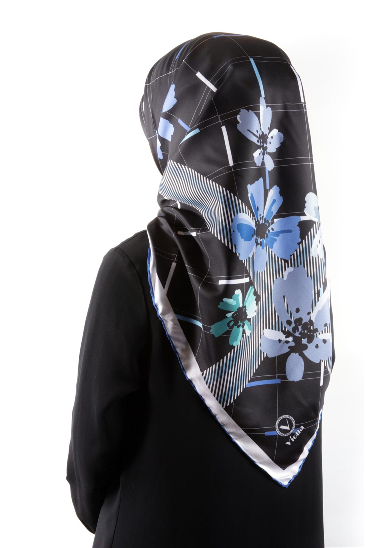 Twill Papatya Desenli Saks Renkli 90x90 Eşarp (İpek İçermez) Kenar Dikiş Şekli El Dikişli