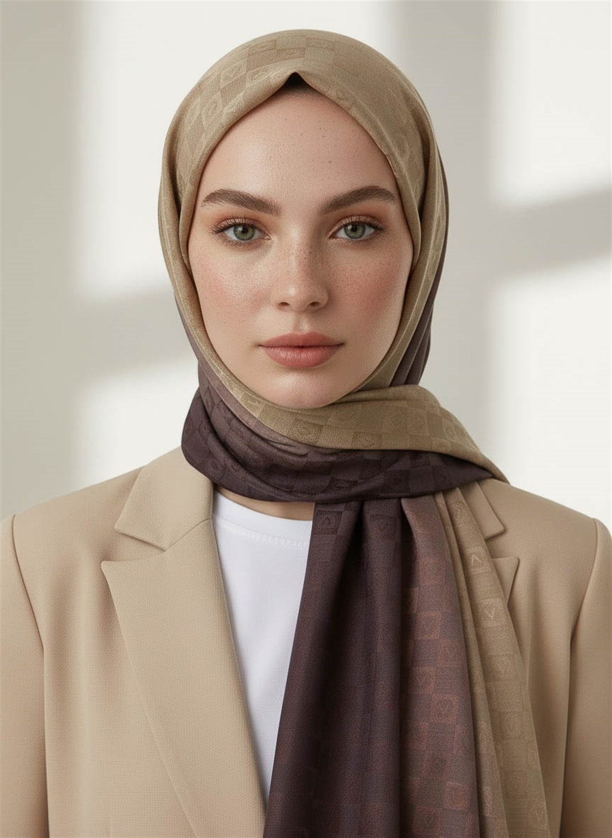 Vissona %57 İPEK %43 PAMUK Degrade Desenli Sütlü Kahverengi Renkli Şal -  70x190 Dikiş Tipi İtalyan Dikişli