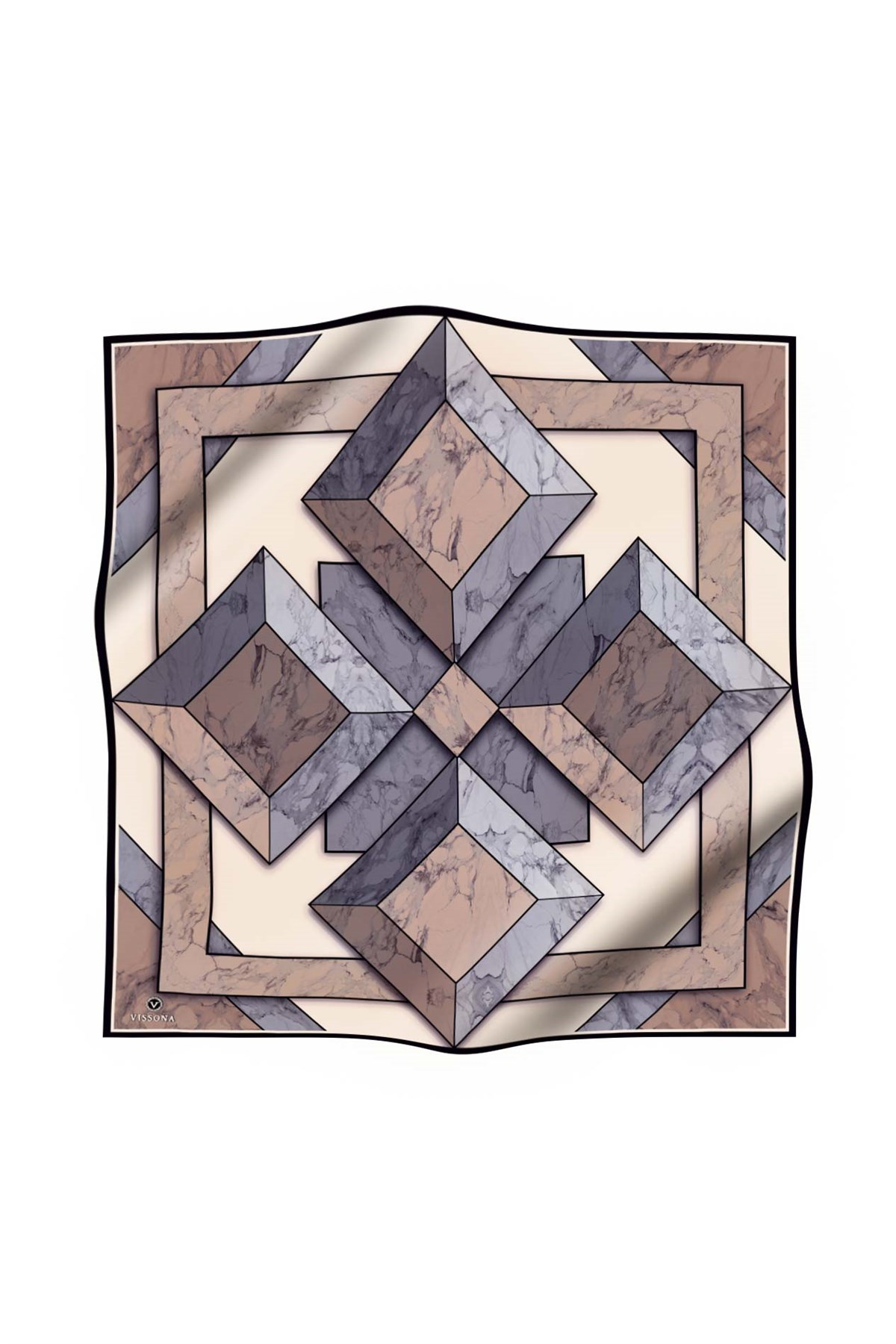 %100 Twill İpek Mermer Desenli Bej - Gri Renkli 90x90 Eşarp Dikim Şekli : El Dikişi