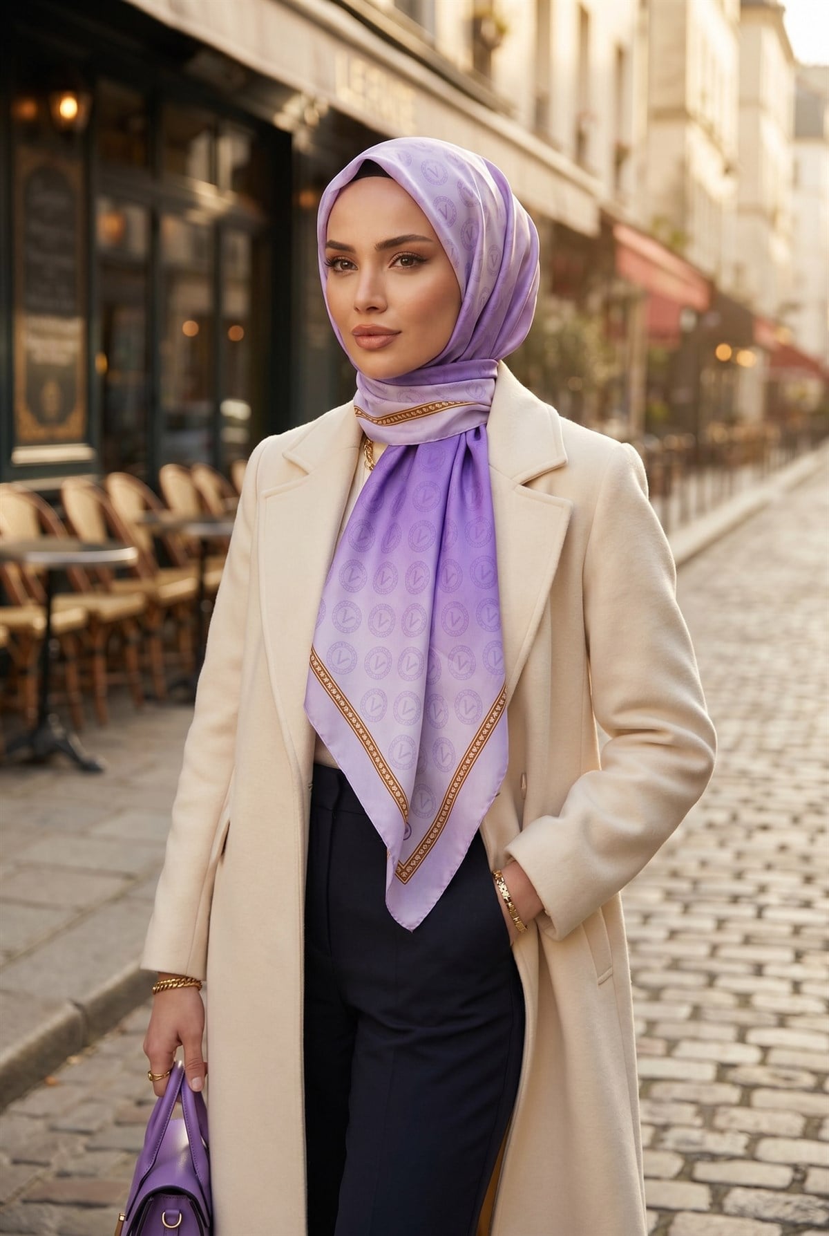 %100 İpek Degradeli Ve Monogram Desenli Lila - Gold Renkli 92x210 Şal